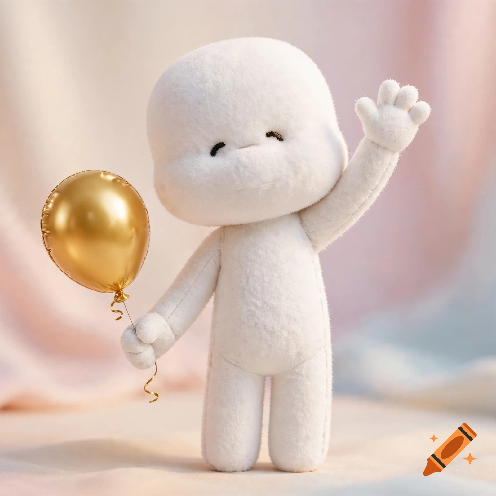 3D render of a cute chibi-style minimalist white sculpture with a golden balloon, waving hello against a pastel backdrop.