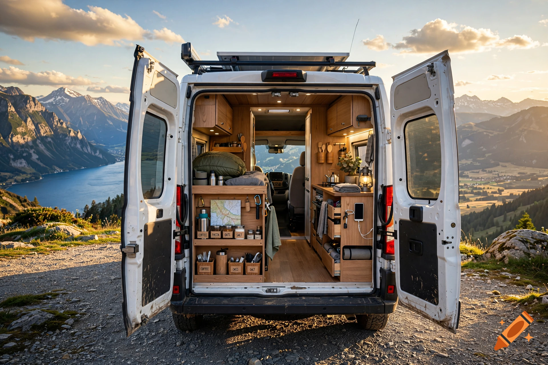 Rear doors of a white camper van open to reveal a wooden interior setup, parked overlooking a scenic lake and mountains at sunset.