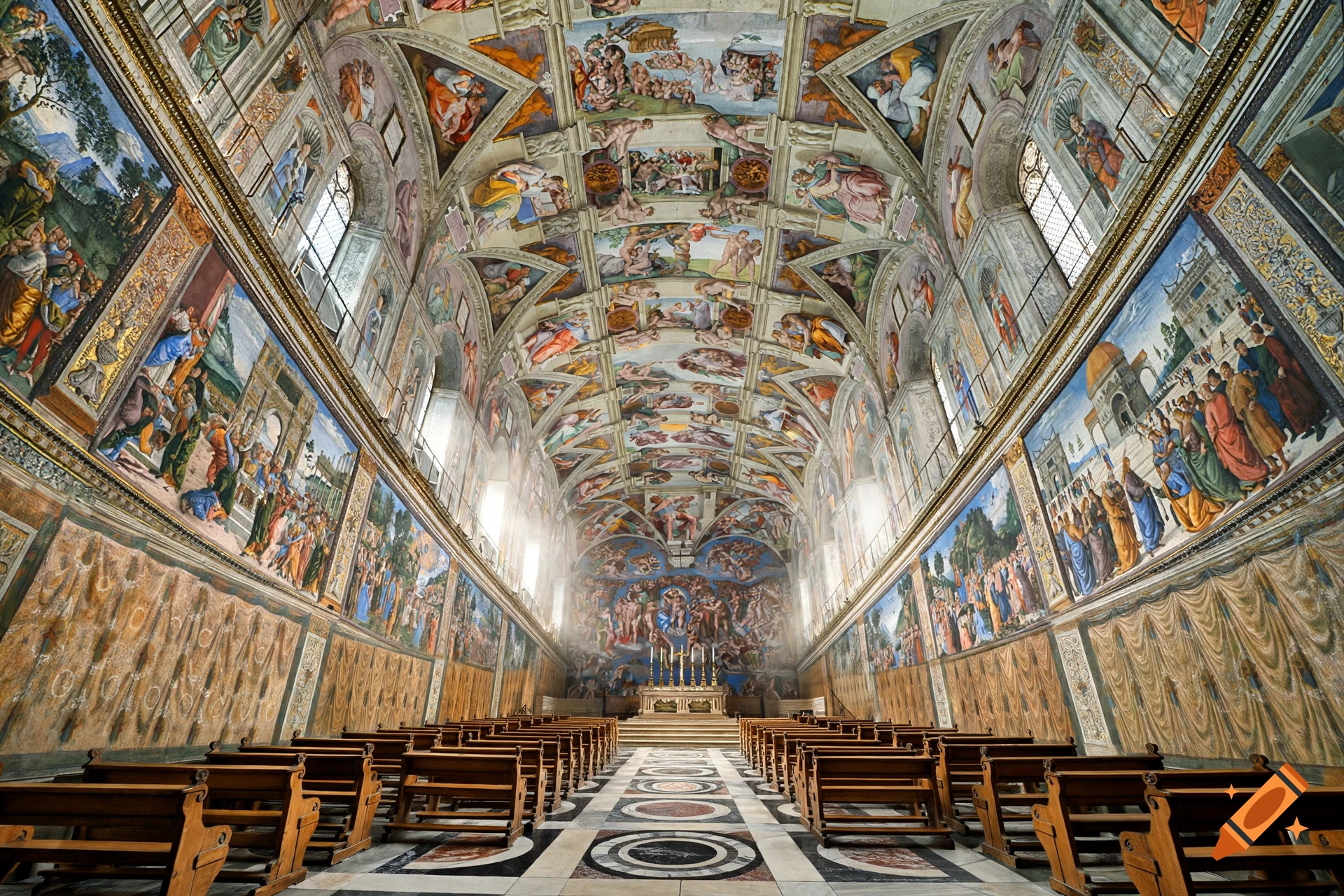 Interior view of the Sistine Chapel showing the frescoed ceiling and walls with wooden pews and geometric marble floor.