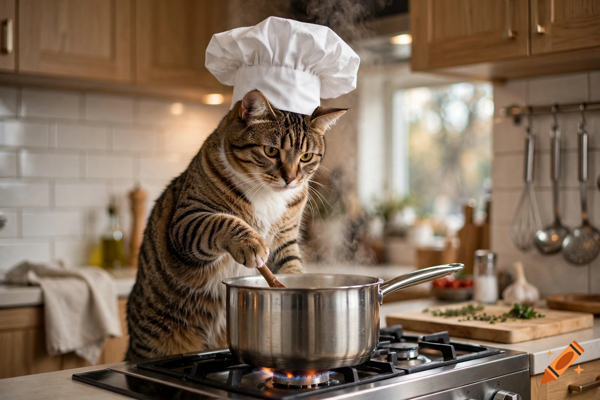 Photorealistic image of a brown tabby cat wearing a chef hat and stirring a pot on a stove in a kitchen.