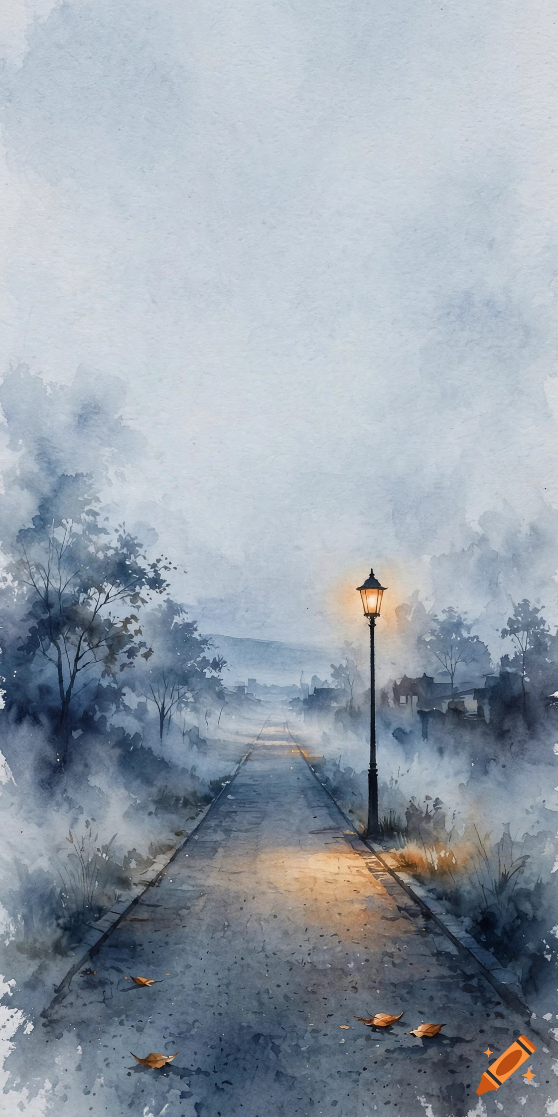 Watercolor painting of a stone pathway with a glowing streetlamp in a foggy atmosphere.