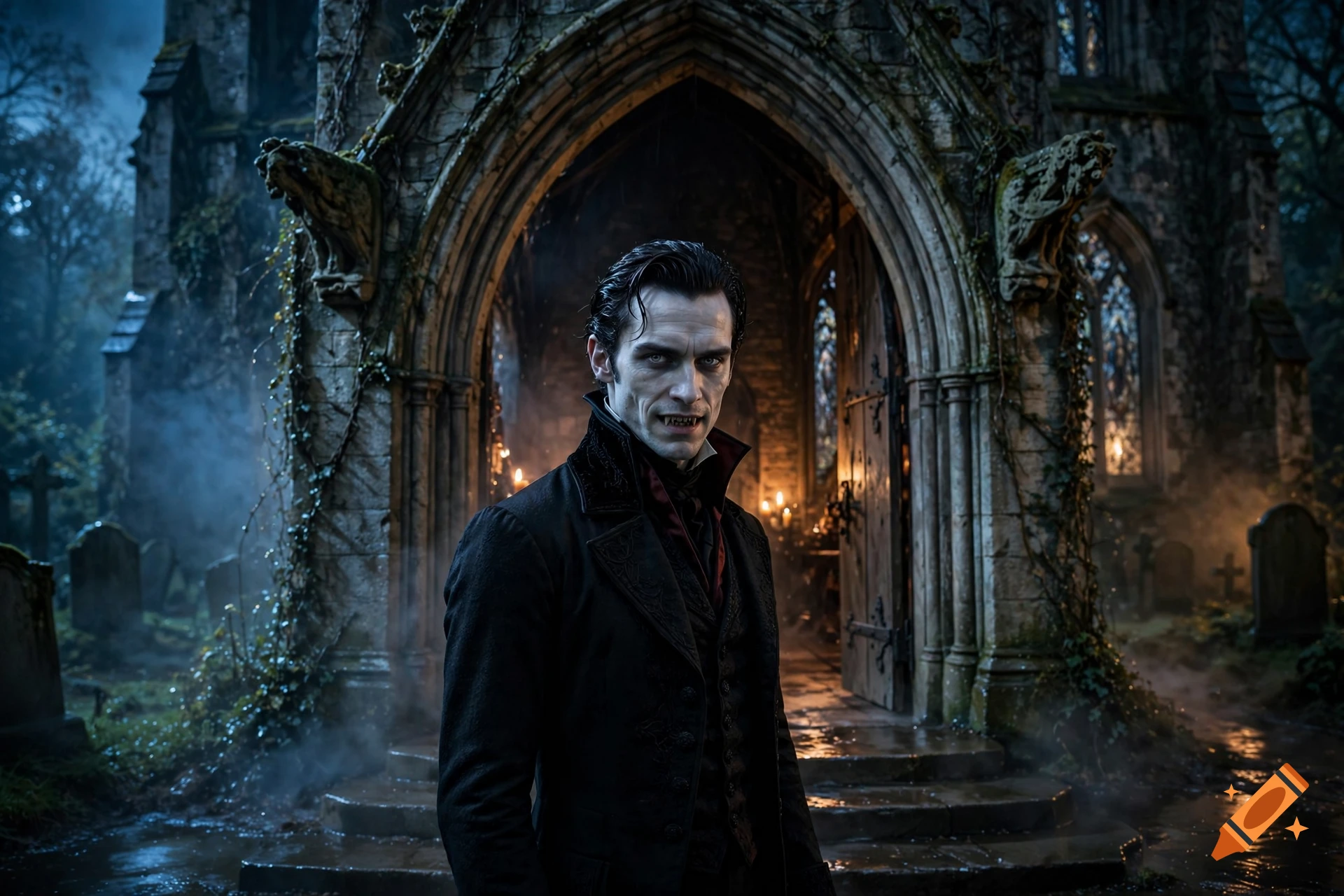 Photorealistic depiction of a male vampire in a dark coat standing in front of an ancient gothic church entrance.