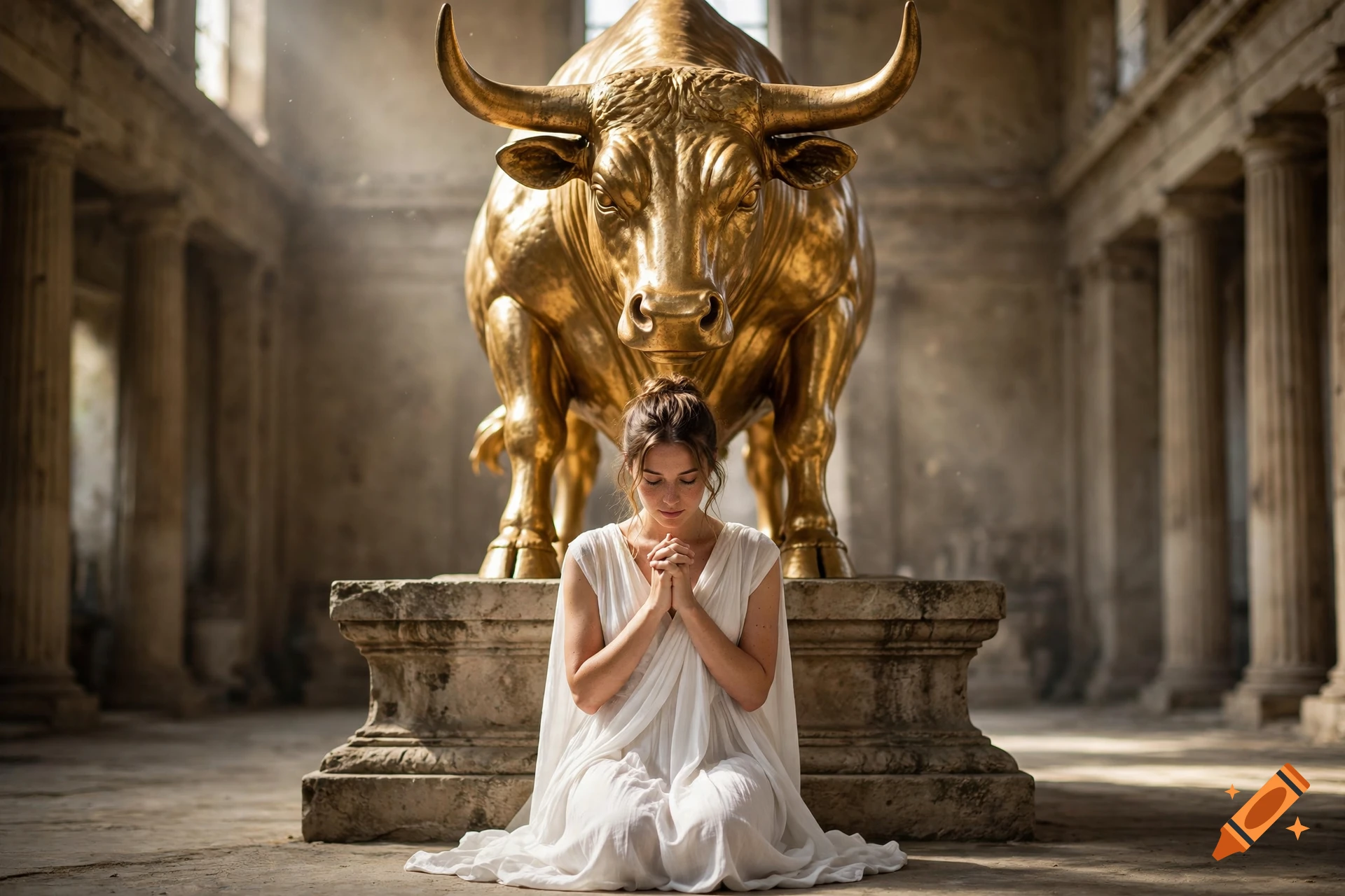 A photorealistic image of a woman in a white dress kneeling in prayer before a large golden bull statue inside a grand hall.
