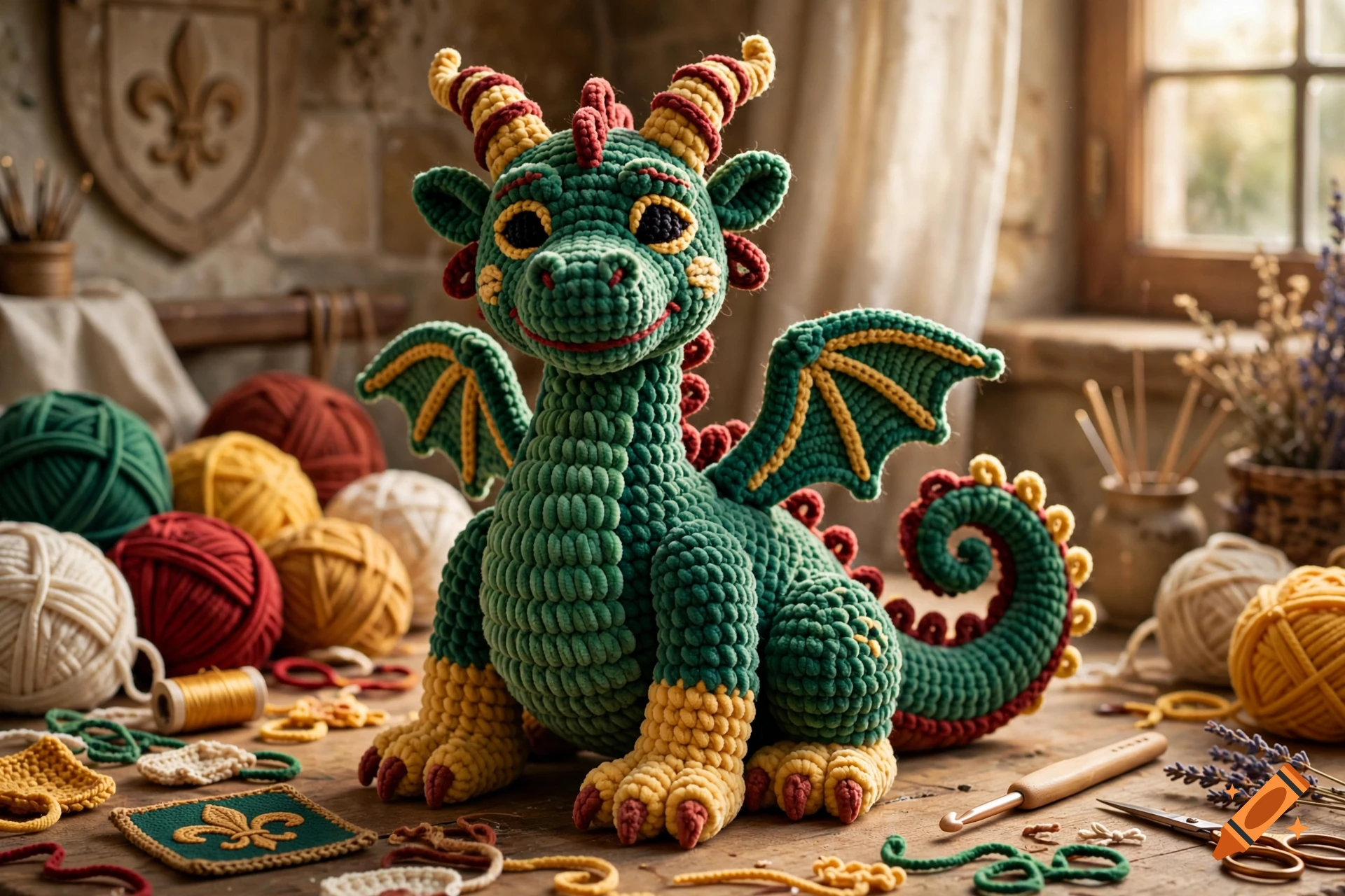 A crocheted green dragon toy with yellow horns and wings sits on a wooden table surrounded by yarn balls.