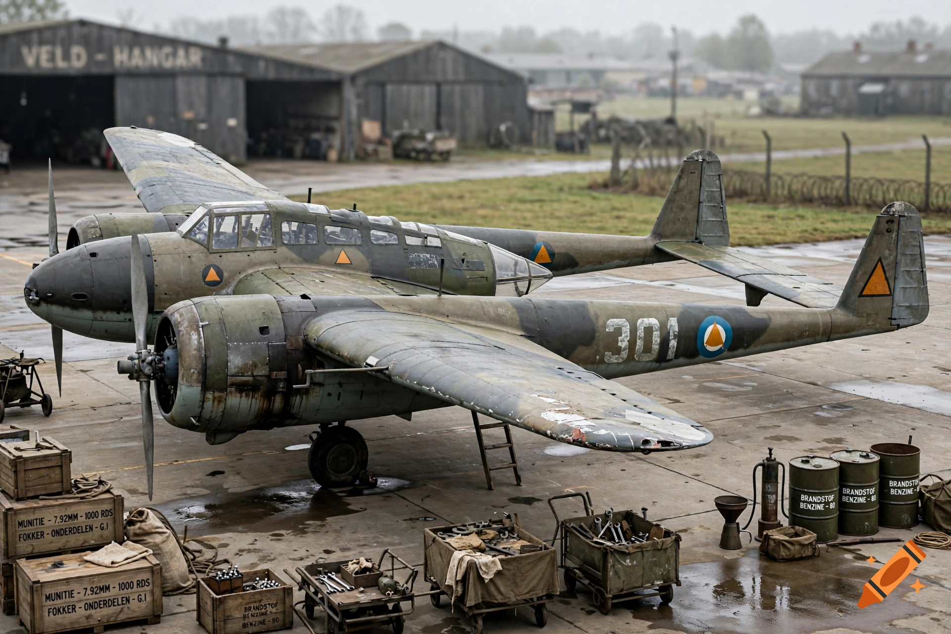 Photorealistic image of a vintage Fokker G.I military aircraft parked on a concrete airfield with hangars in the background.