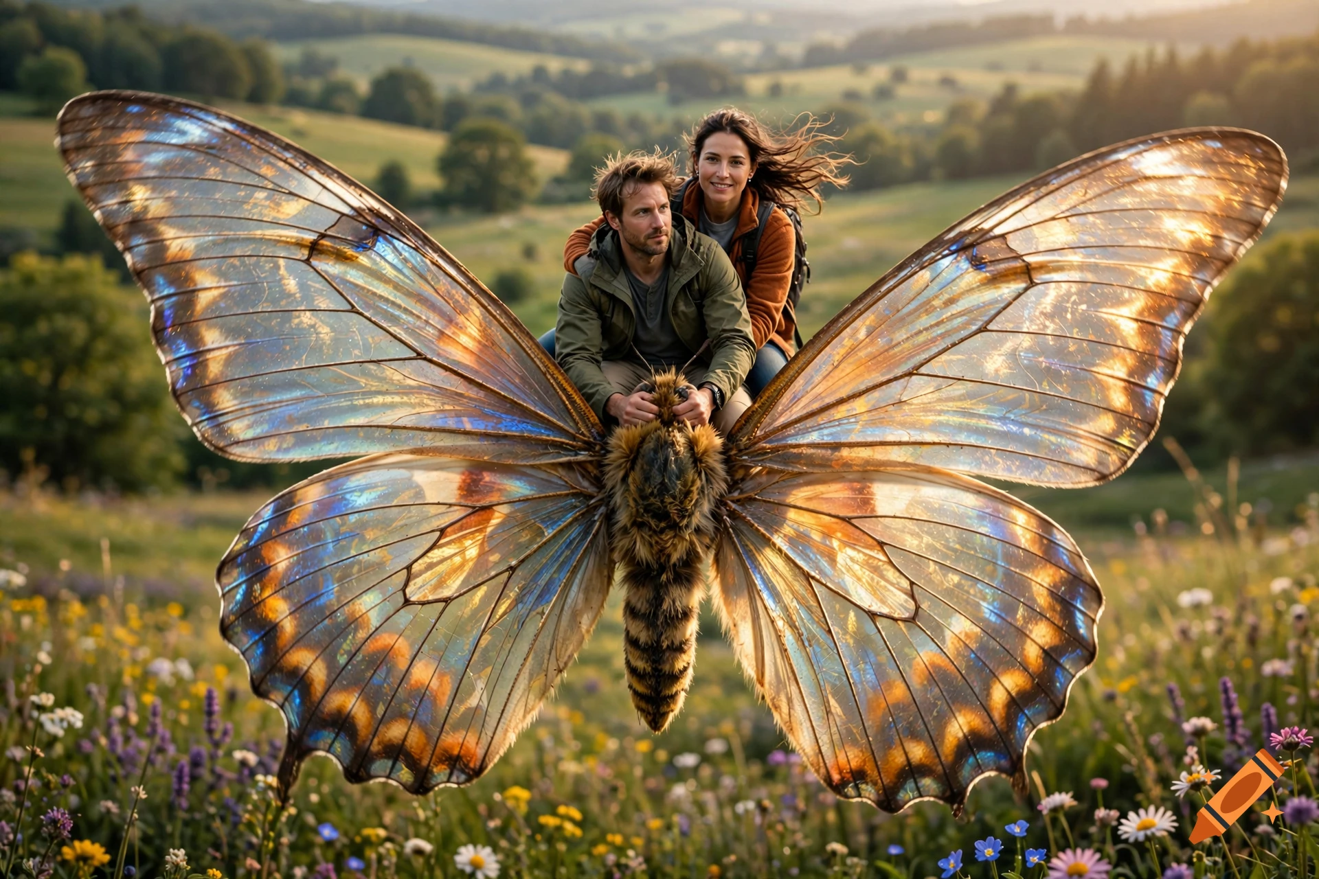 Photorealistic image of a couple riding a giant butterfly with iridescent wings over a meadow.