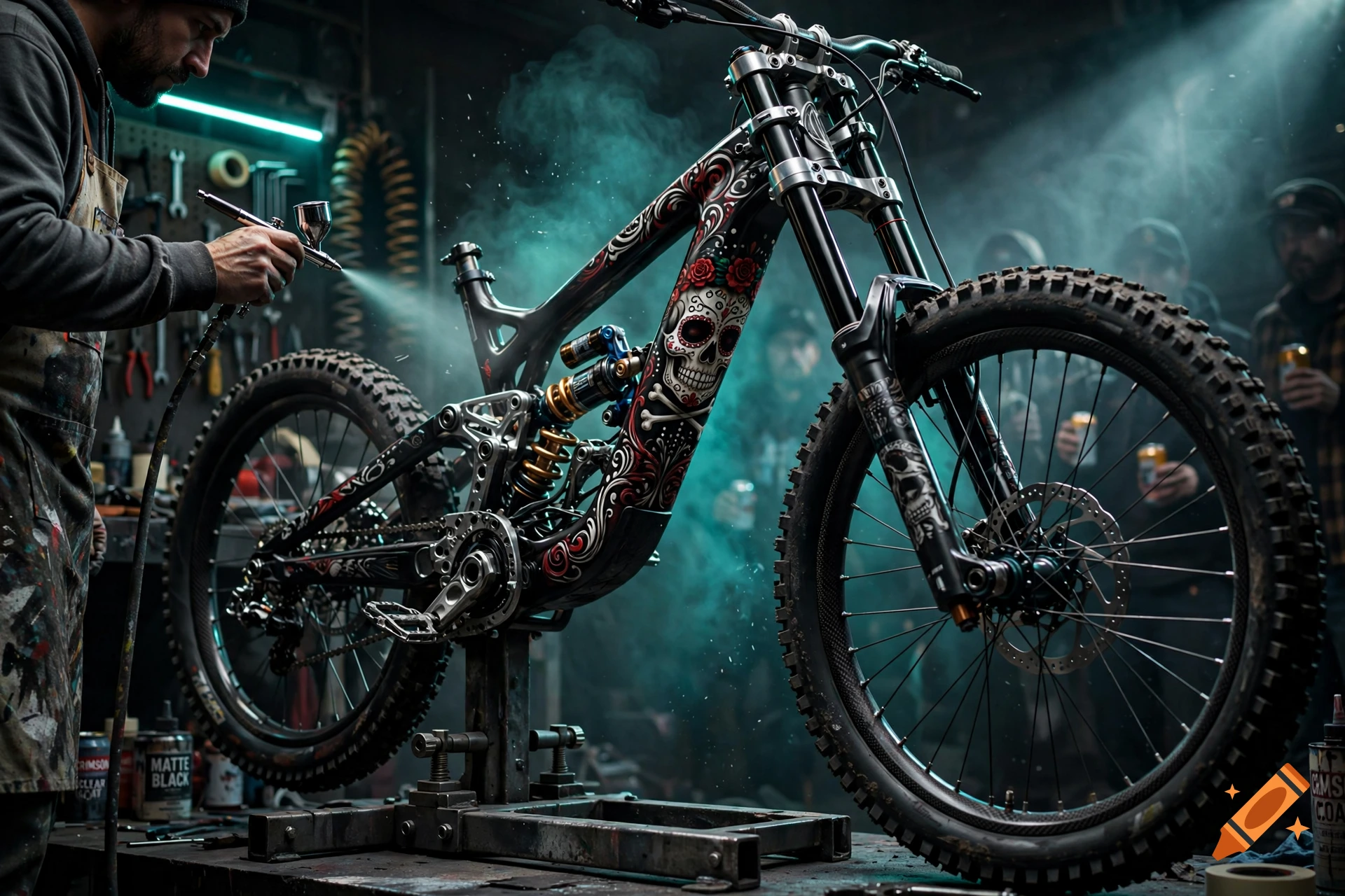 Gritty concept art of an artist airbrushing a Day of the Dead skull design on a downhill mountain bike in a dark industrial workshop.