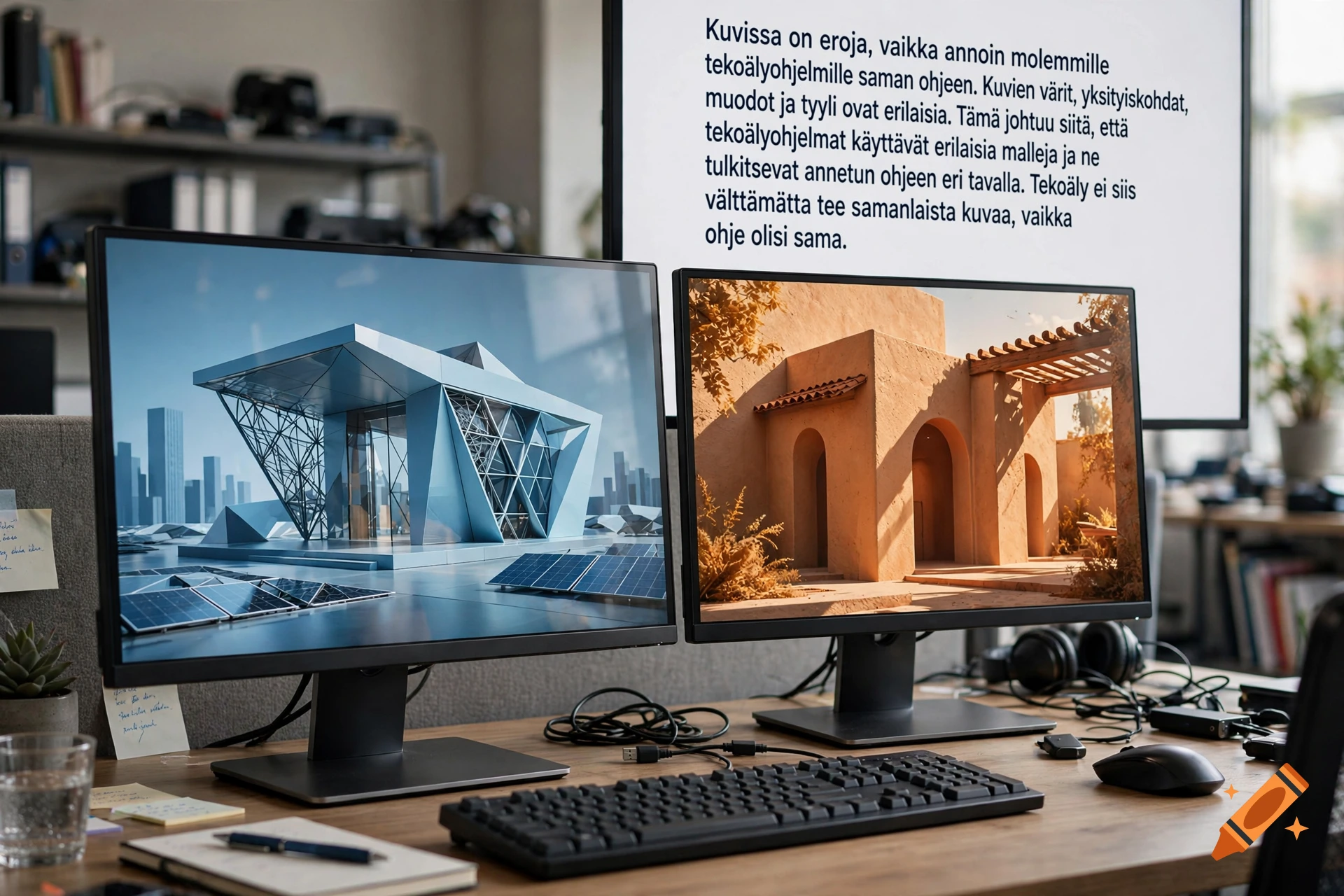 Photorealistic image of two computer monitors displaying architectural designs on a wooden office desk, with explanatory text on a screen above.