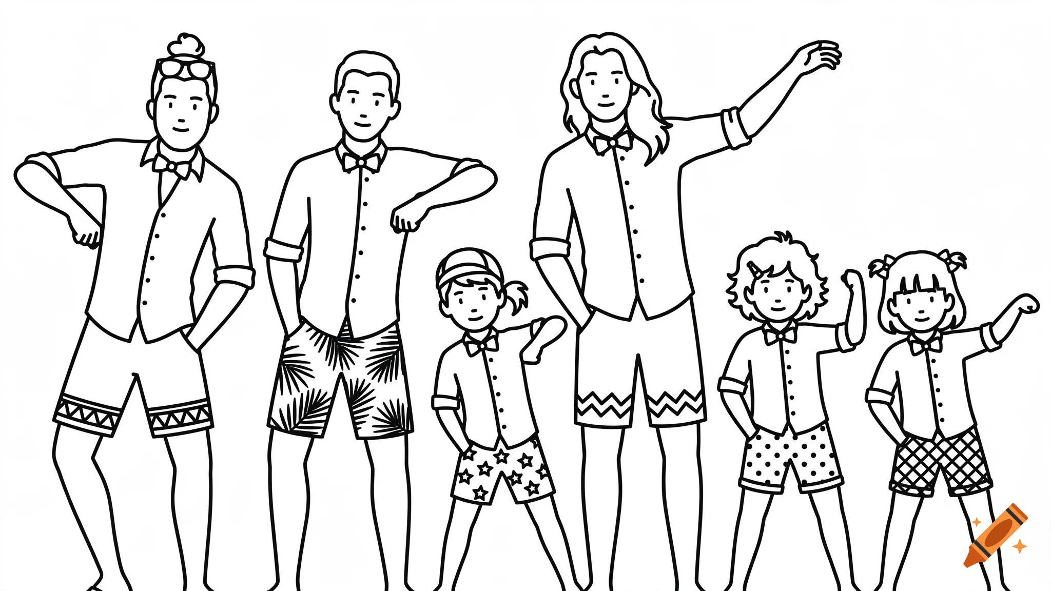 Flat vector line art of three modern men and three children standing together in casual summer outfits.