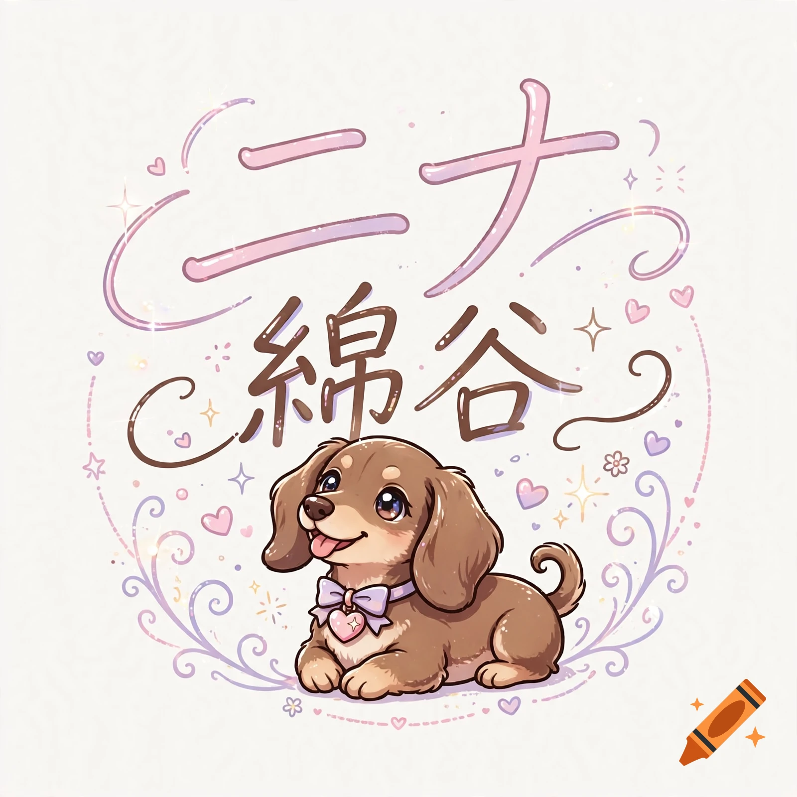 Digital illustration of a cute brown dachshund puppy with a heart collar sitting below Japanese text, surrounded by hearts and sparkles.
