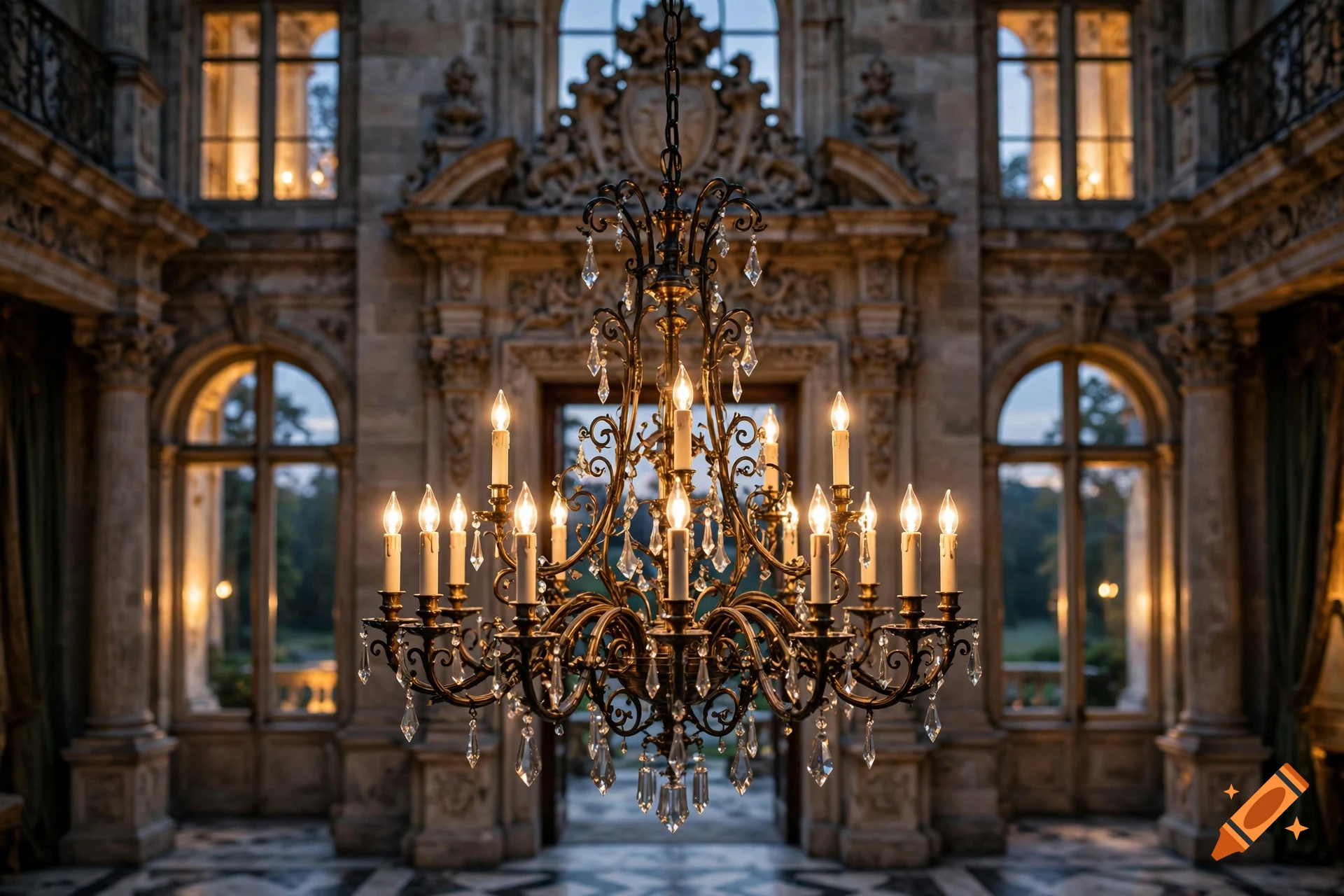 Photorealistic image of an ornate metal chandelier hanging in the grand entrance hall of a historic mansion.
