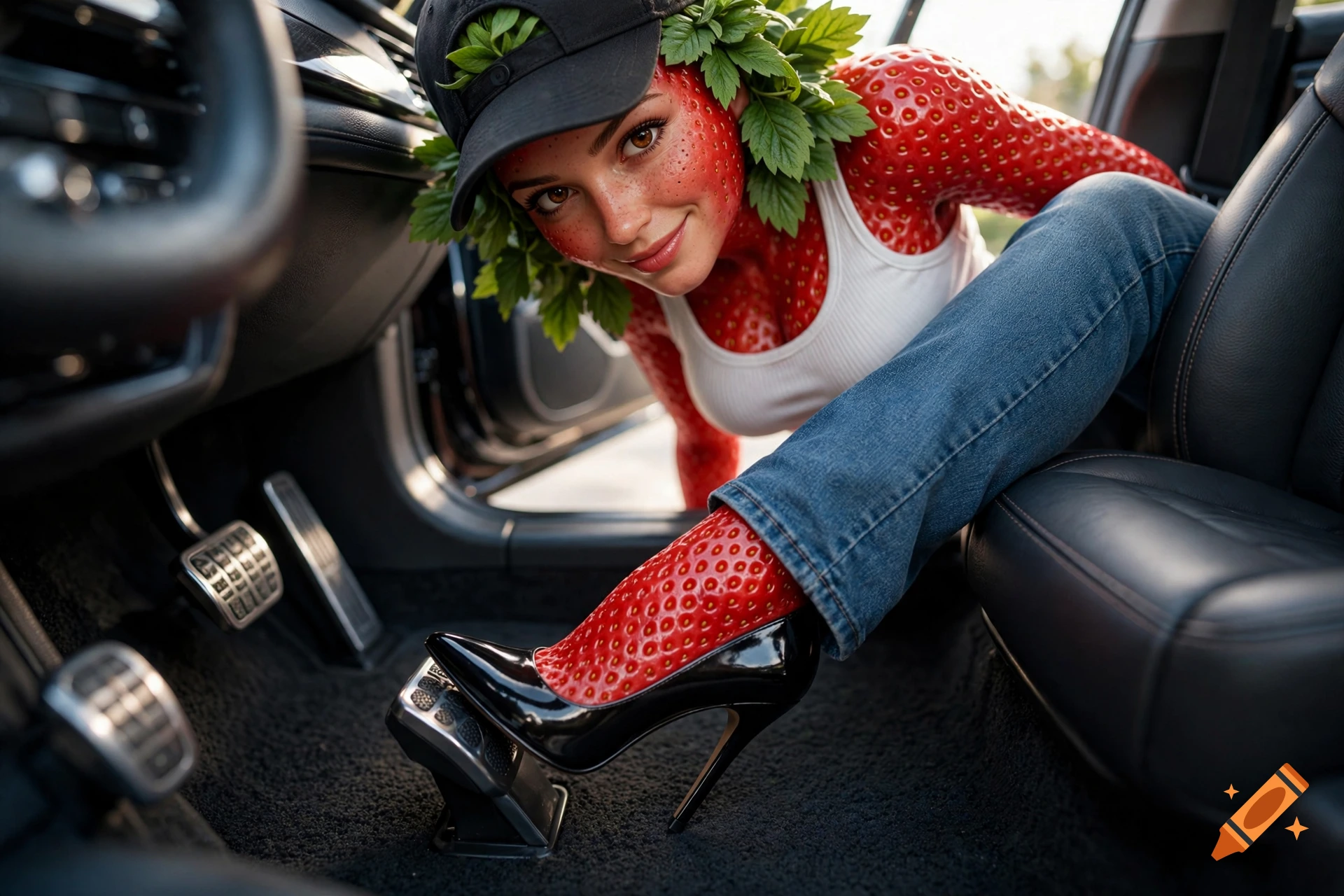 An anthropomorphic strawberry woman wearing a black cap, white tank top, and high heels, entering a car in a 3D style.