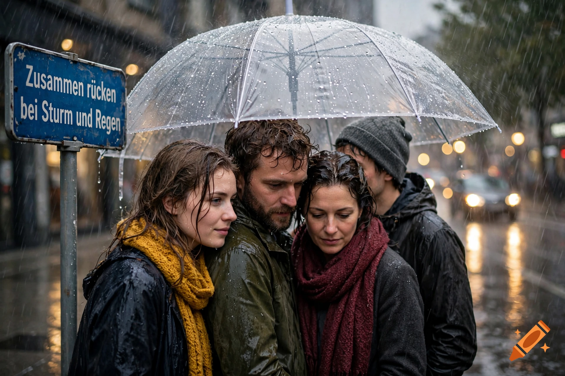 Photorealistic image of four people huddled closely together under a clear umbrella while standing in the rain on a city street.