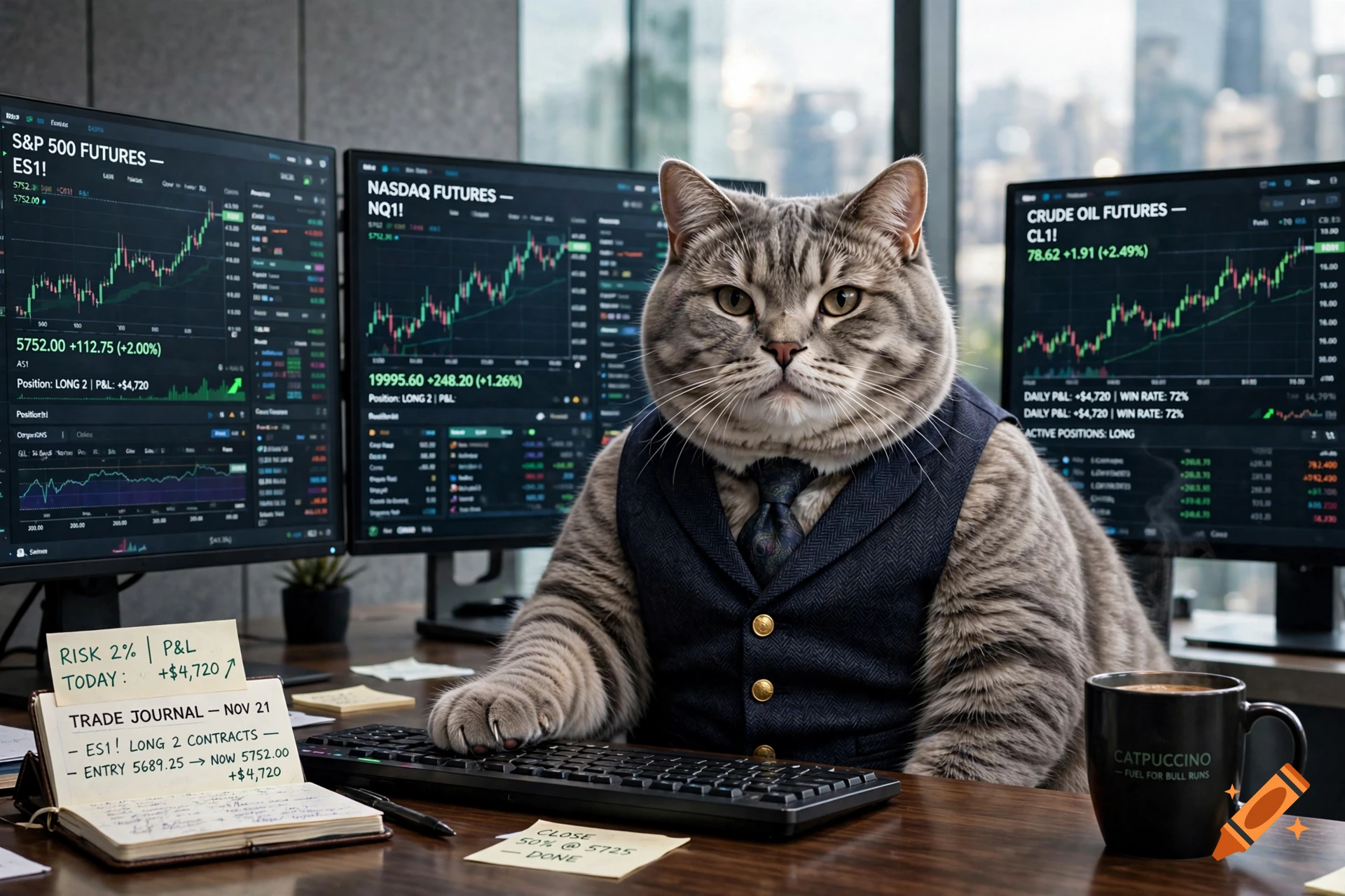 Photorealistic image of a fat grey tabby cat dressed in a vest and tie, sitting at a desk with multiple monitors showing stock charts.
