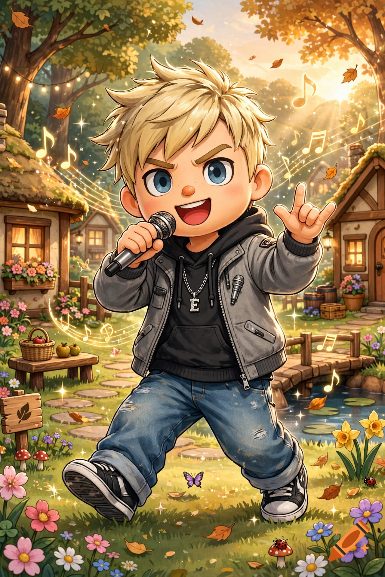 Chibi-style anime boy with blonde hair singing into a microphone in a whimsical, forest village setting.