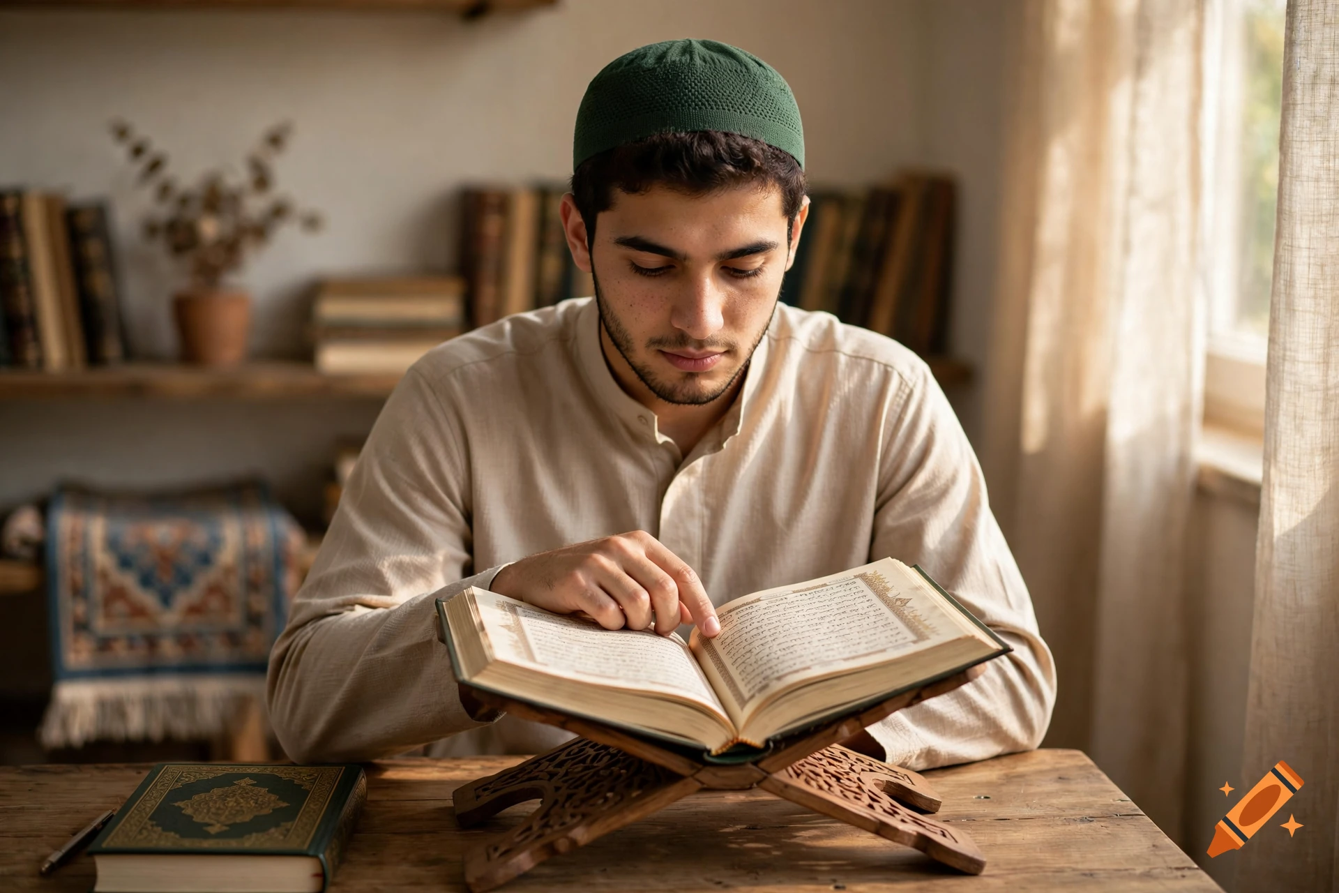 A young Muslim man wearing a green skullcap reading an open Quran on a wooden stand in a room with bookshelves.