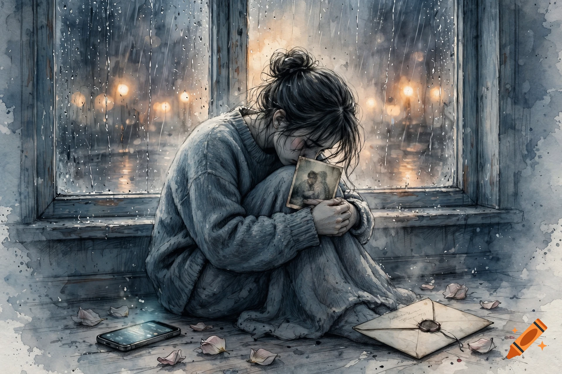 Watercolor illustration of a sad person crying by a rainy window, holding a framed photograph.