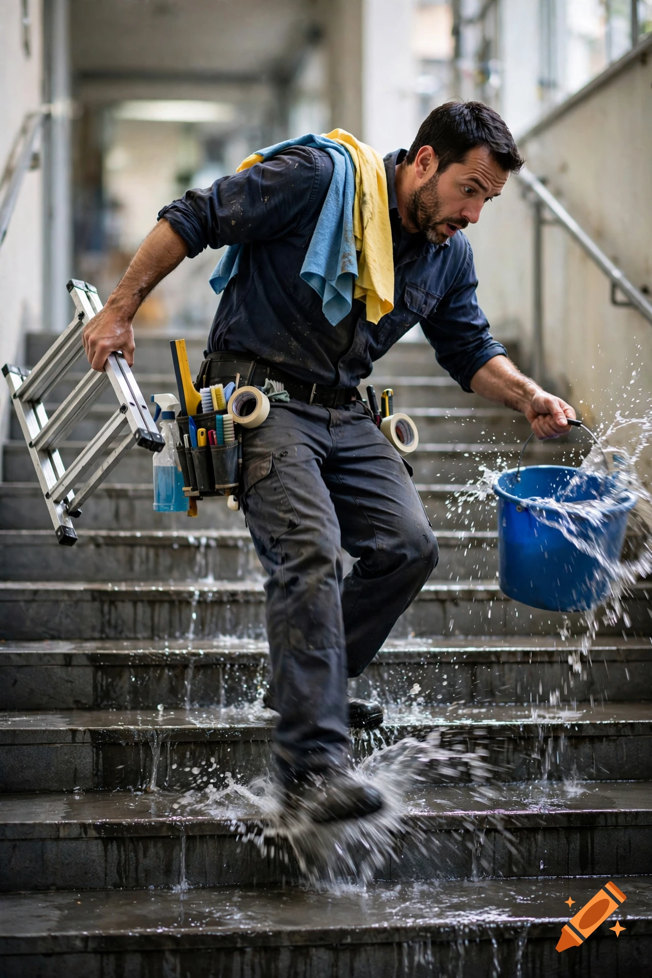 Photorealistic image of a window cleaner slipping on wet stairs while carrying a ladder and spilling a bucket of water.