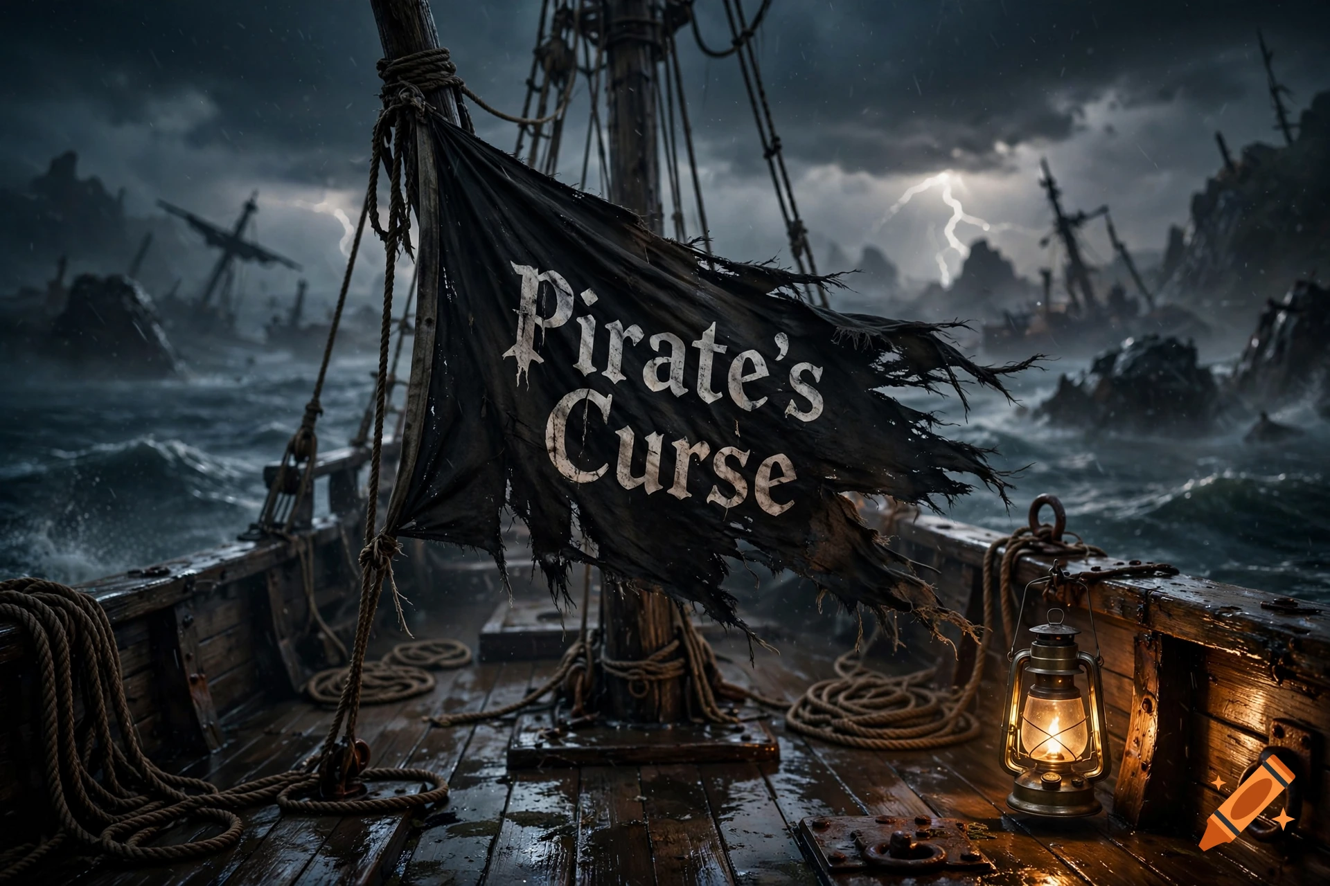 Close-up of a tattered black flag with the text 'Pirate's Curse' on a wooden ship deck during a stormy sea with lightning.