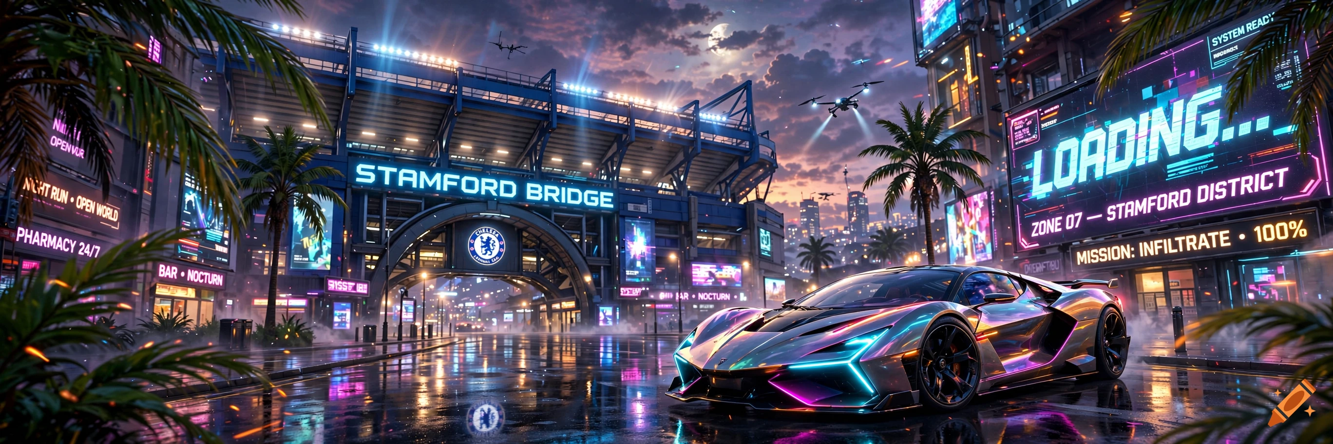 Cyberpunk style panoramic view of Stamford Bridge stadium with neon signs, palm trees, and a futuristic sports car on a wet street.