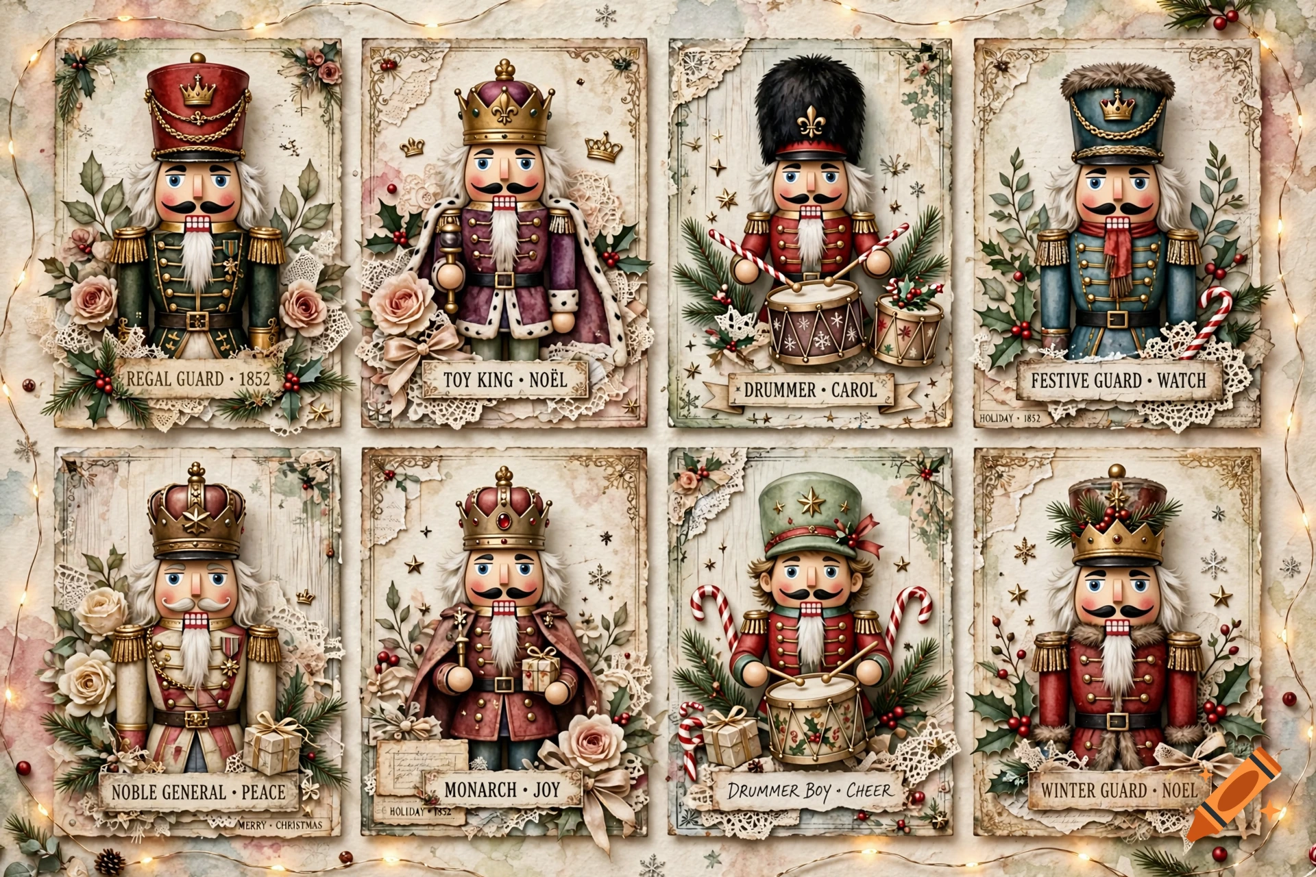 Collage of eight vintage-style illustrated Christmas nutcracker cards with labels and festive decorations.
