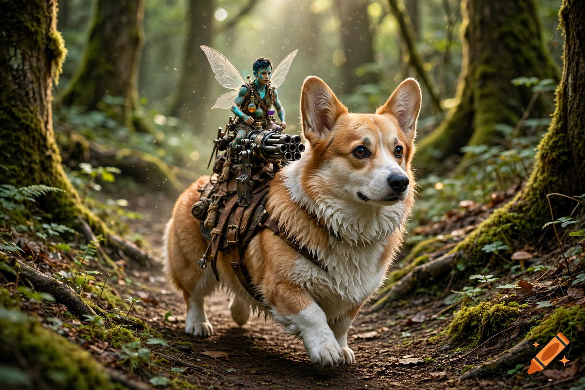 Photorealistic image of a corgi walking on a forest path with a fairy riding on its back in a saddle equipped with a gatling gun.