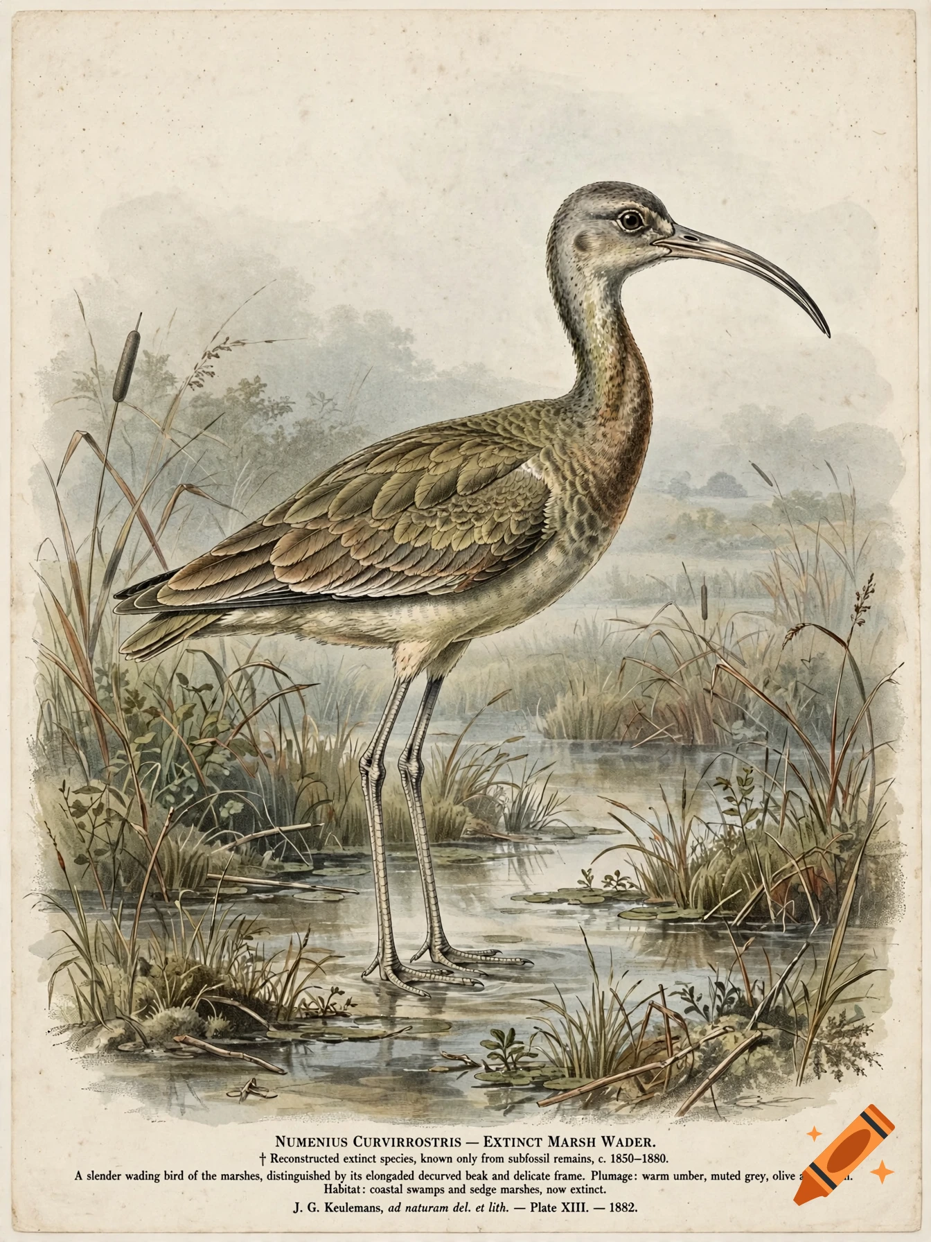 Vintage scientific illustration of an extinct wading bird with a long curved beak standing in a marsh, in the style of John Gerrard Keulemans.