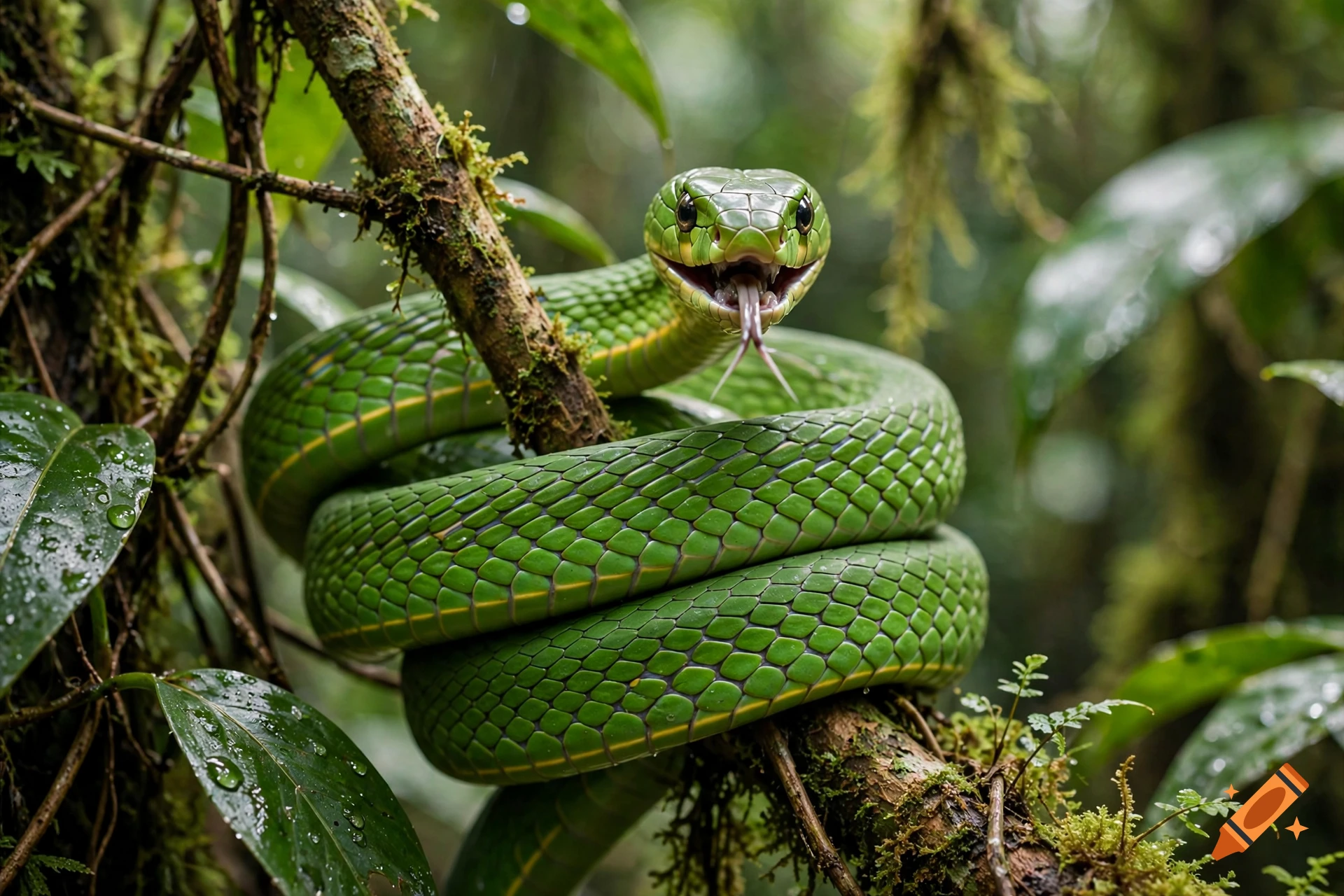 Photorealistic green snake coiled around a mossy branch in a lush tropical rainforest, with its mouth open and forked tongue flicking out.