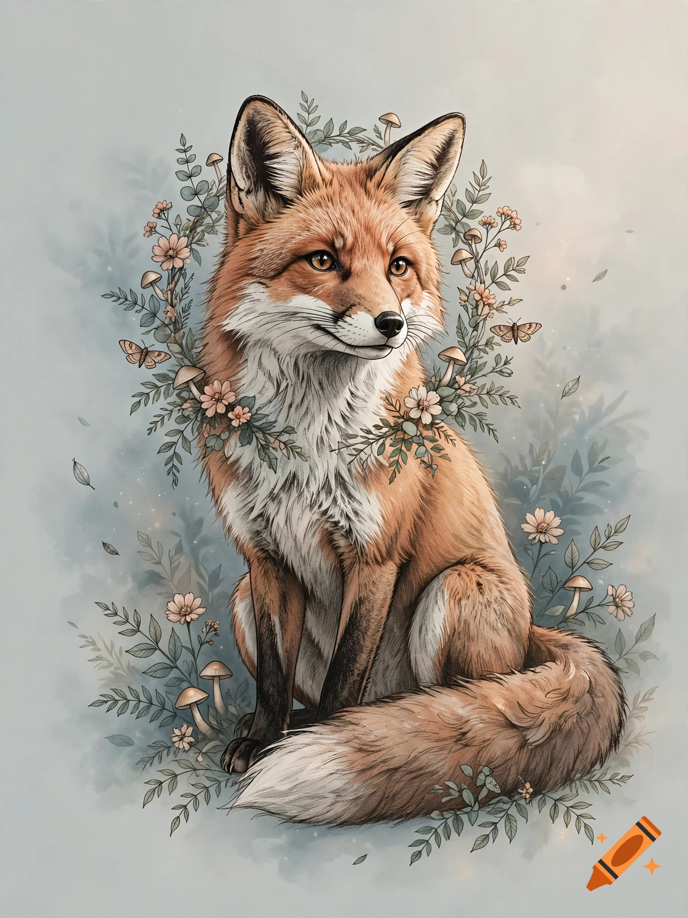 A detailed watercolor illustration of a red fox sitting gracefully amidst delicate foliage, flowers, and tiny mushrooms.