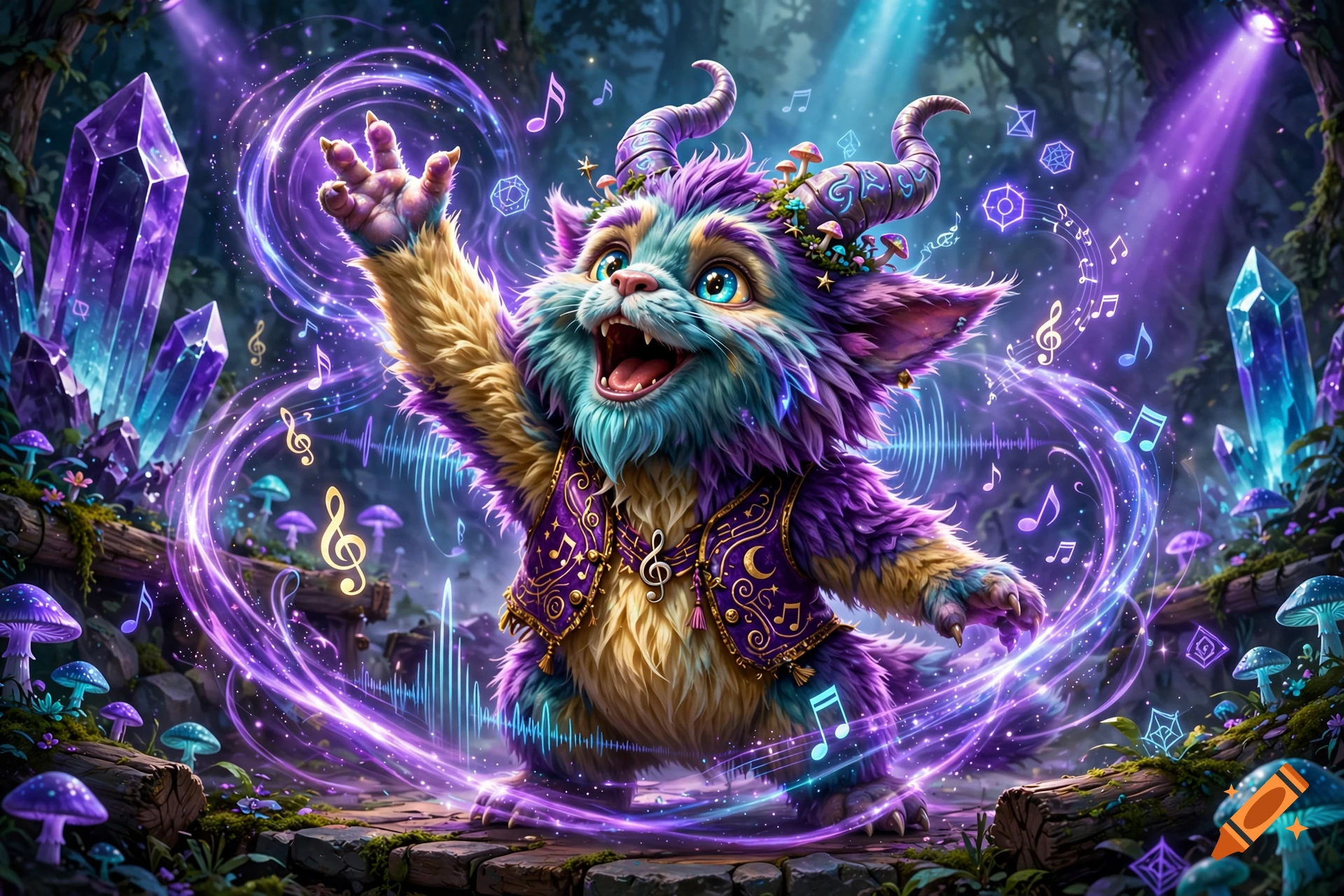 A colorful, fluffy horned monster singing in a magical enchanted forest surrounded by crystals and musical notes.