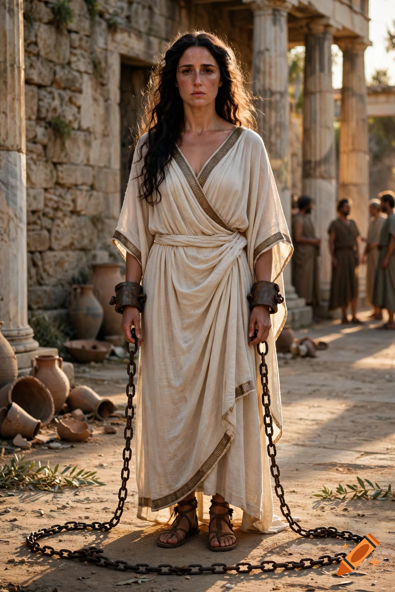 A photorealistic portrait of a woman in an ancient Greek dress standing in chains amidst ruins.