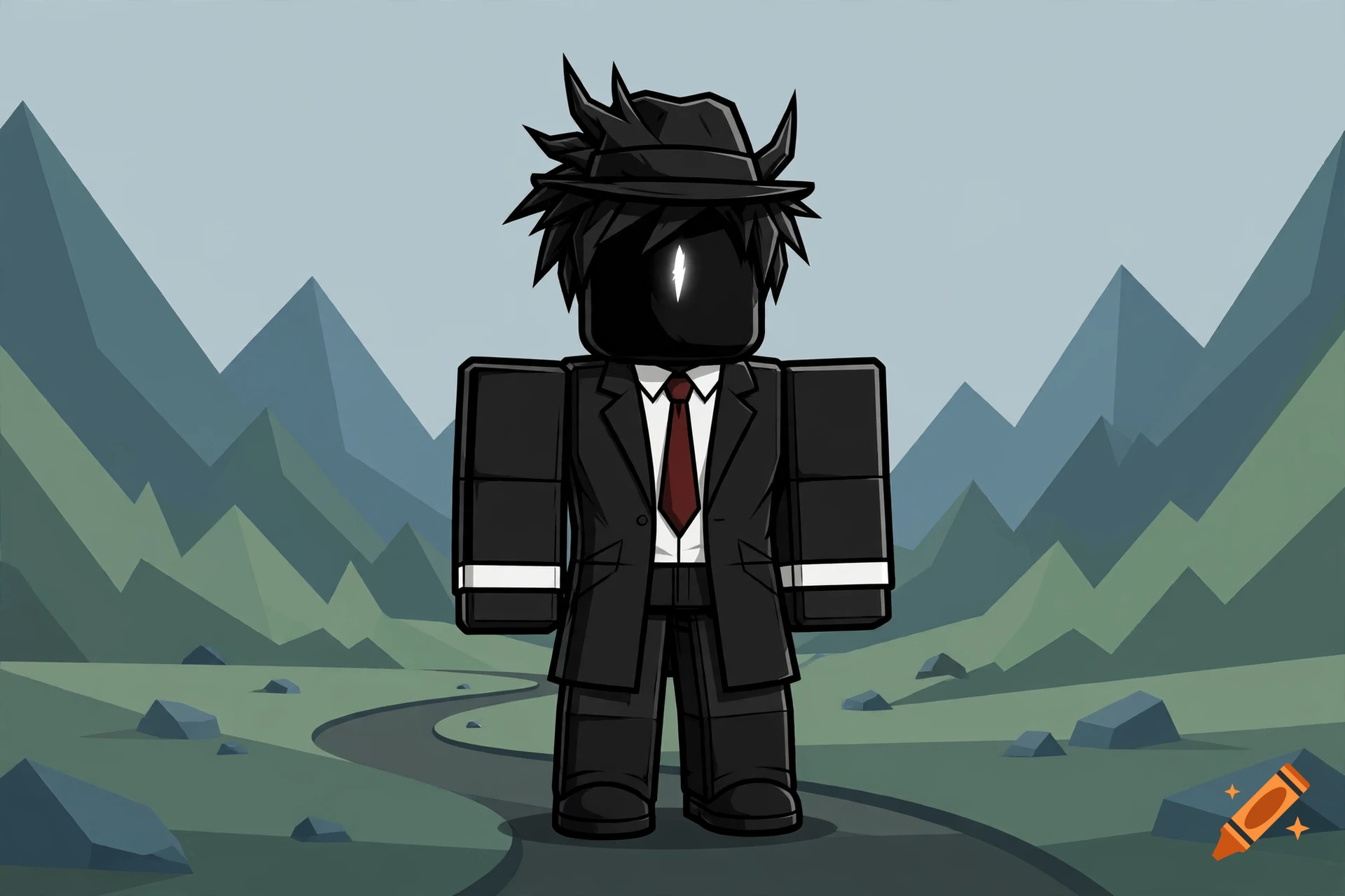 Digital 2D illustration of a blocky Roblox avatar in a black suit and fedora with a glowing white eye, standing in a mountain valley.