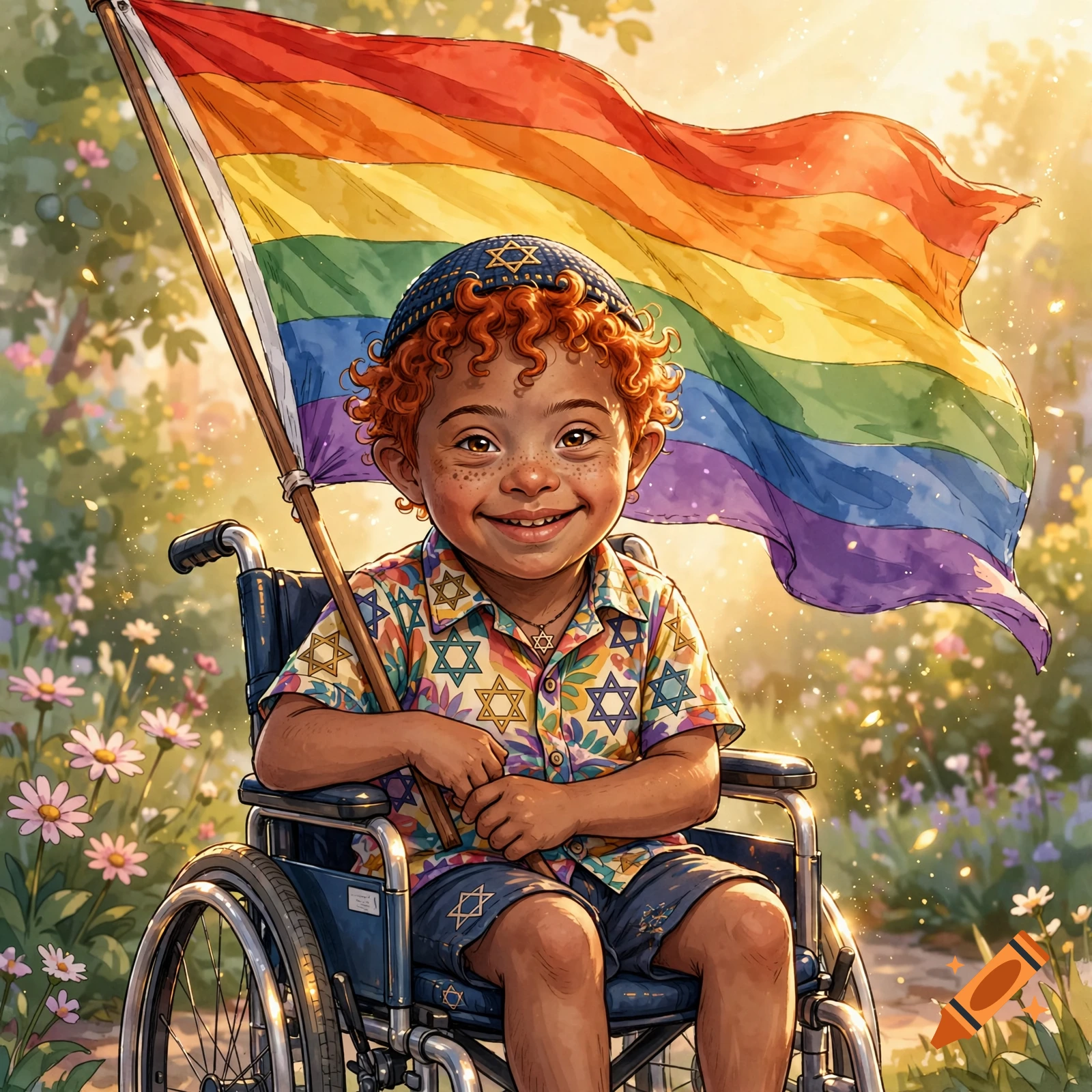An illustrative watercolor image of a happy ginger child with Down syndrome in a wheelchair, holding a large pride flag outdoors.