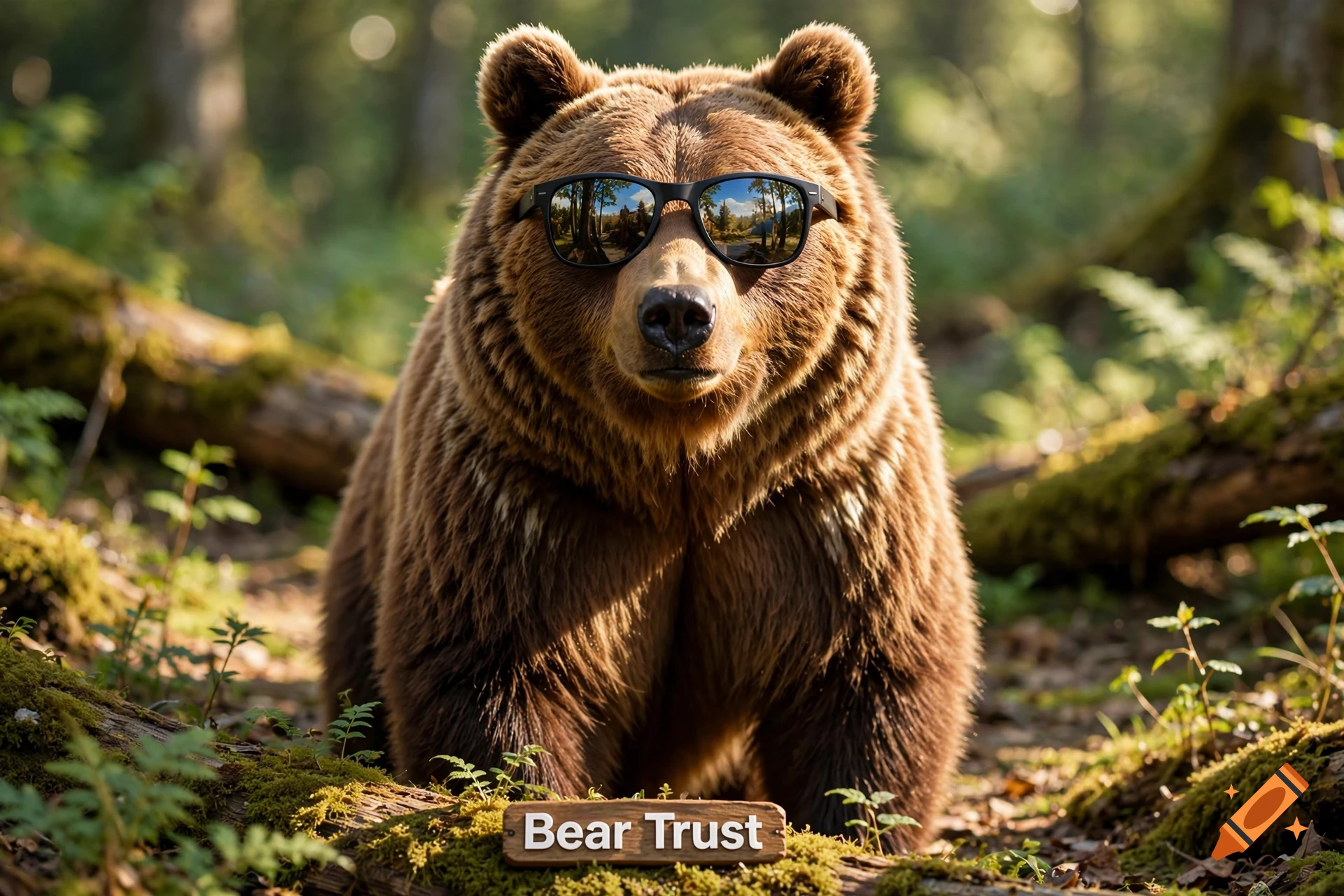 Photorealistic brown bear wearing sunglasses in a forest with a wooden sign reading Bear Trust.