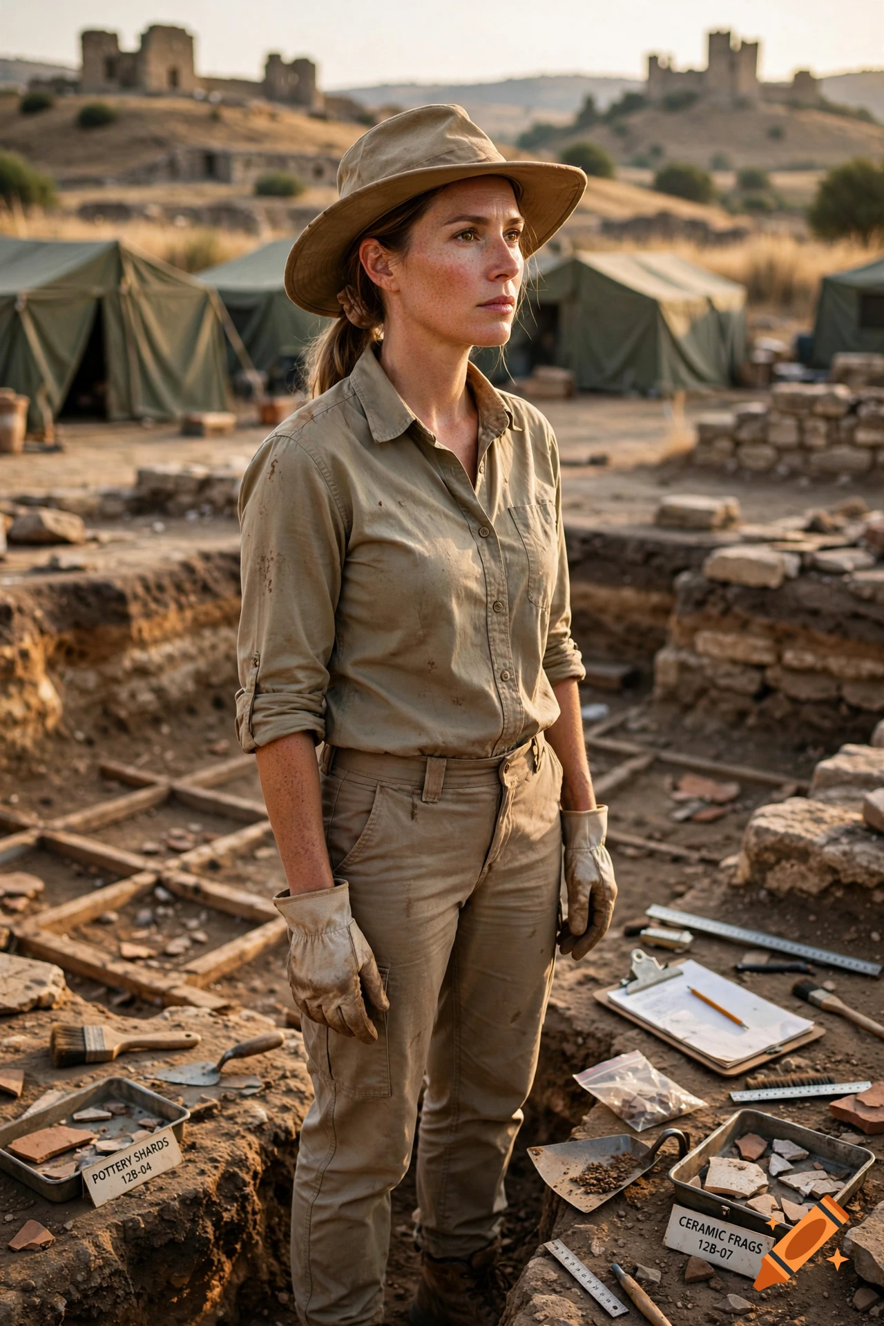 Photorealistic image of a female archaeologist standing in an excavation site with tents and hills in the background.