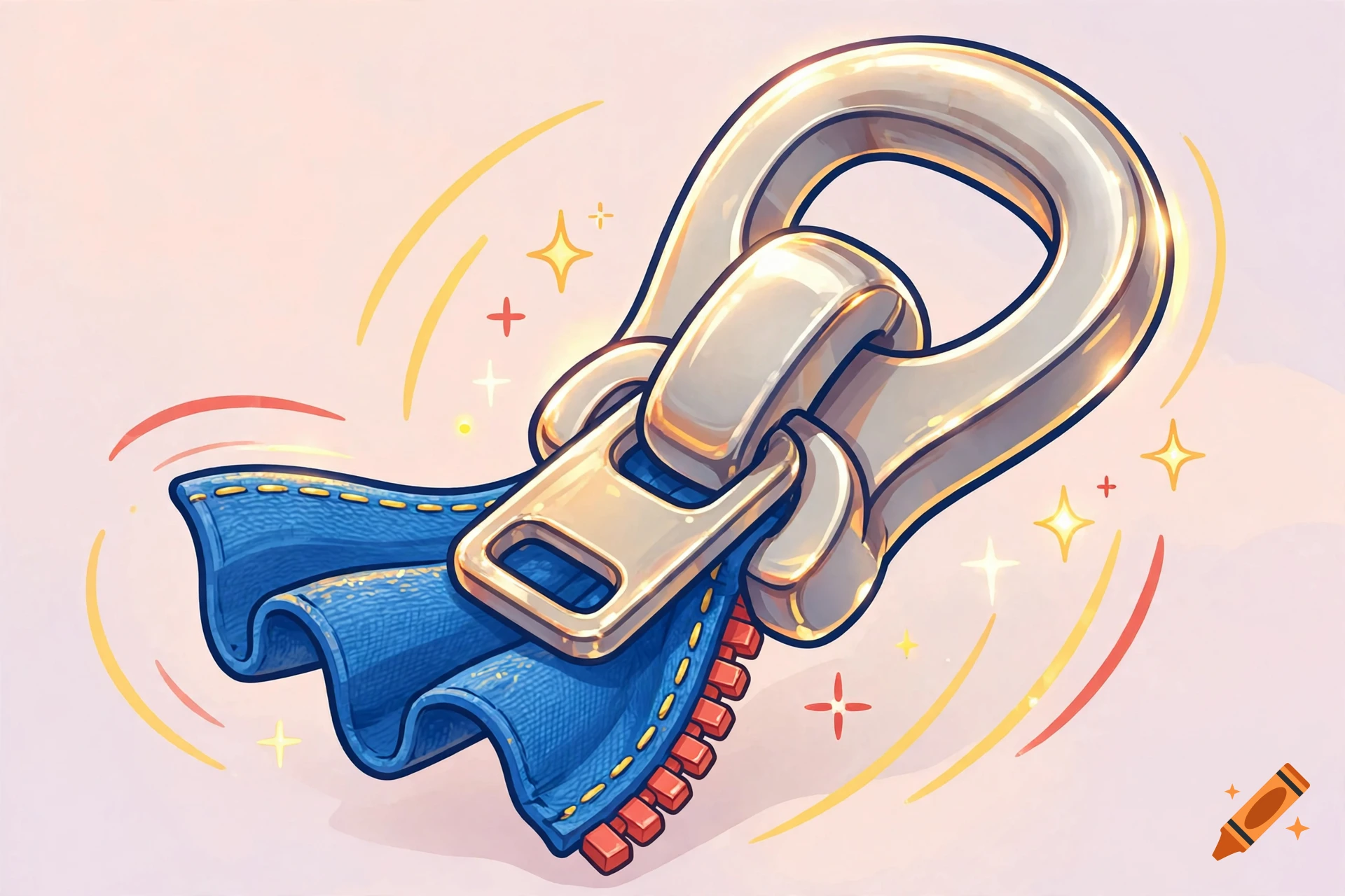 Cartoon illustration of a large silver zipper with a blue denim pull tab, surrounded by sparkling star accents on a light background.