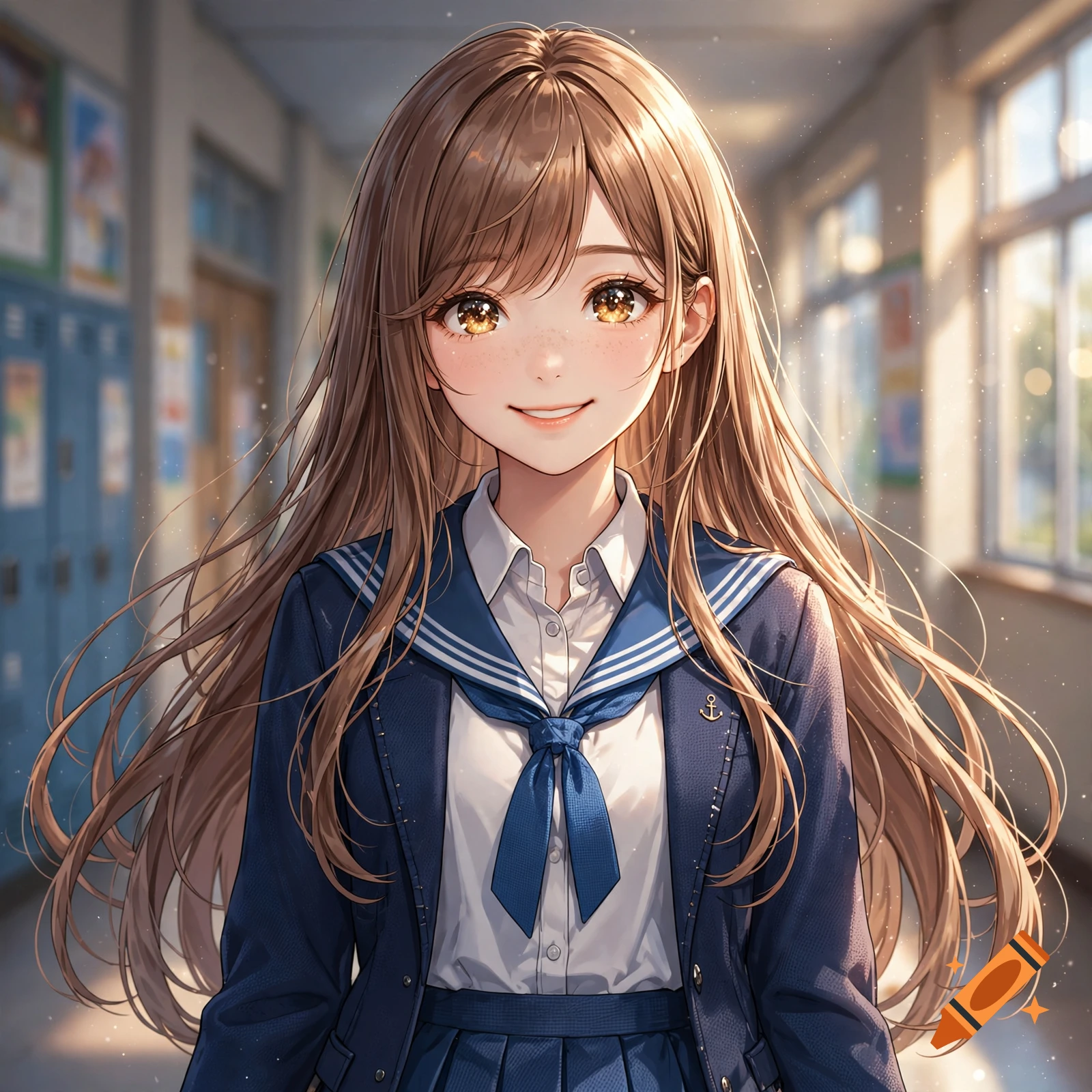 Anime style portrait of a smiling school girl with long brown hair in a classroom setting.