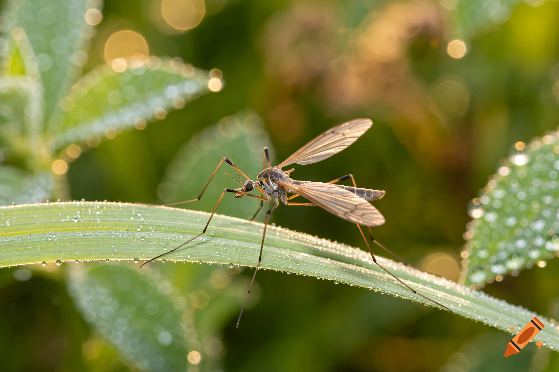 A crane fly resting on a dewy green blade of grass in the early morning sunlight, photorealistic macro photography.