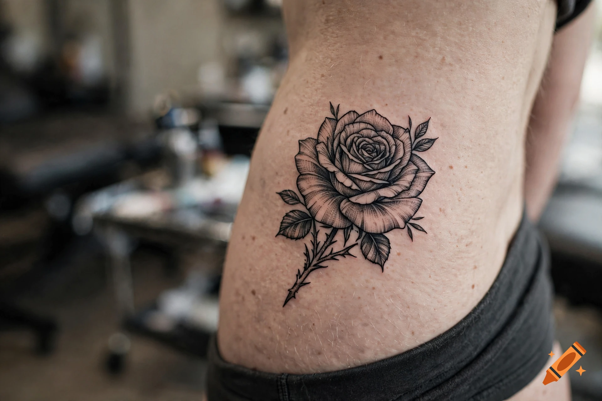 Close-up photorealistic shot of a detailed black rose tattoo on a person's side or thigh.