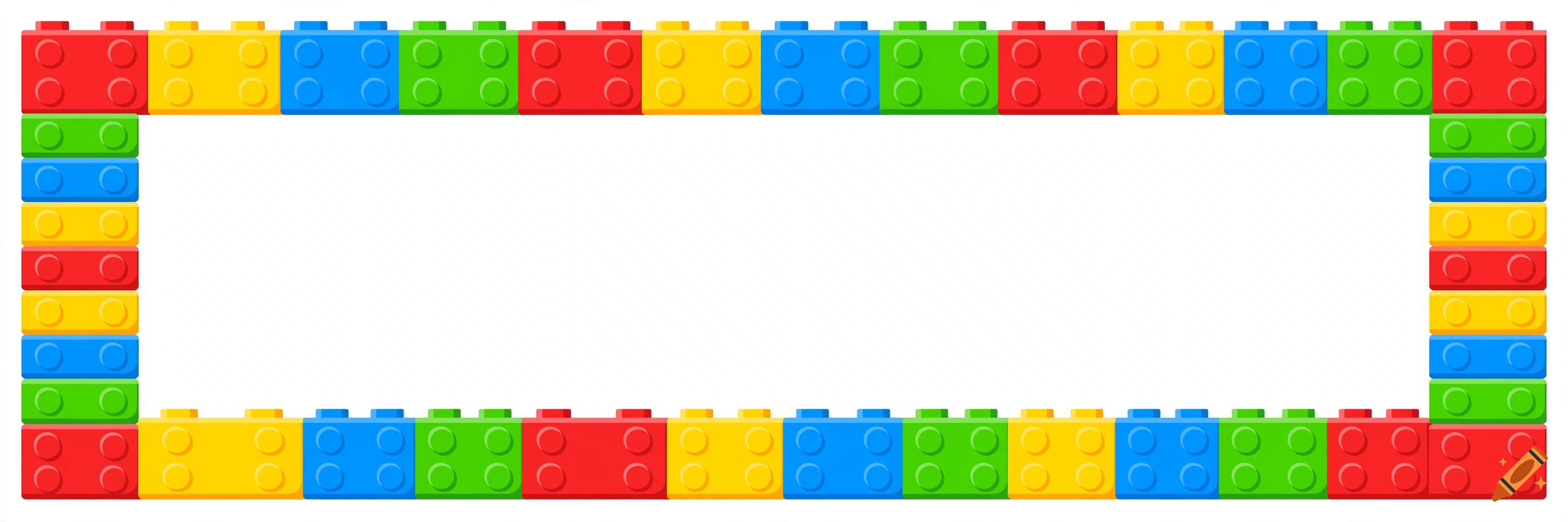 Colorful rectangular banner made of plastic toy building bricks with a white background in the center.