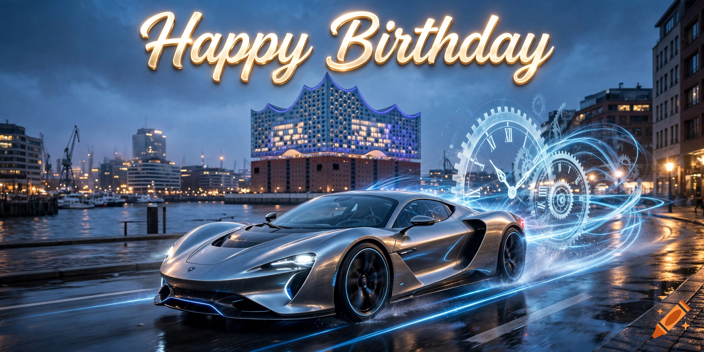 A futuristic silver sports car driving along a wet city street at night, with glowing clock gears and text reading 'Happy Birthday'.