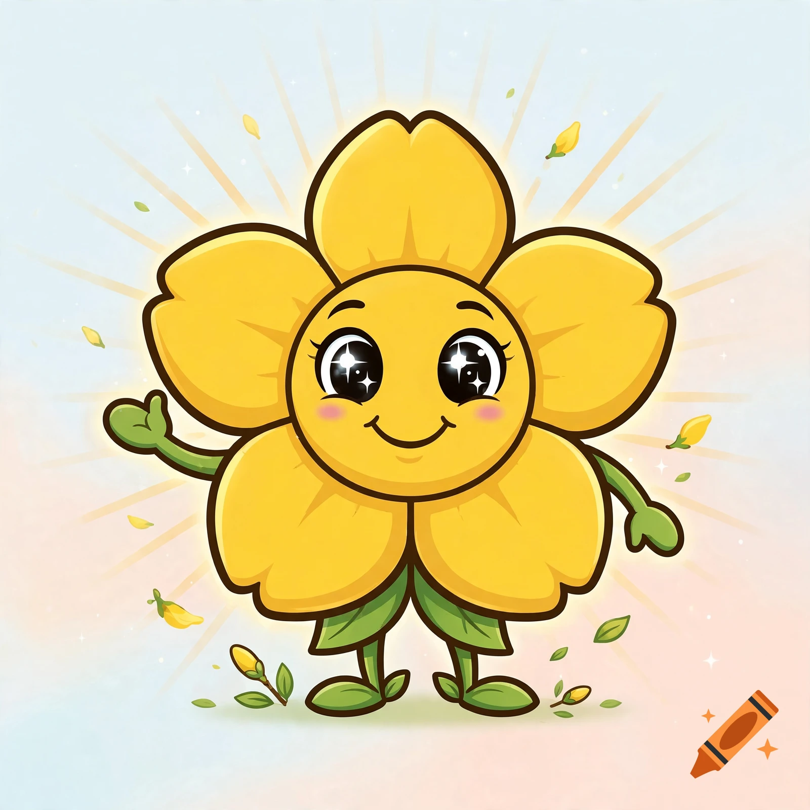 Cute yellow forsythia flower mascot character with sparkling eyes waving, digital illustration style.