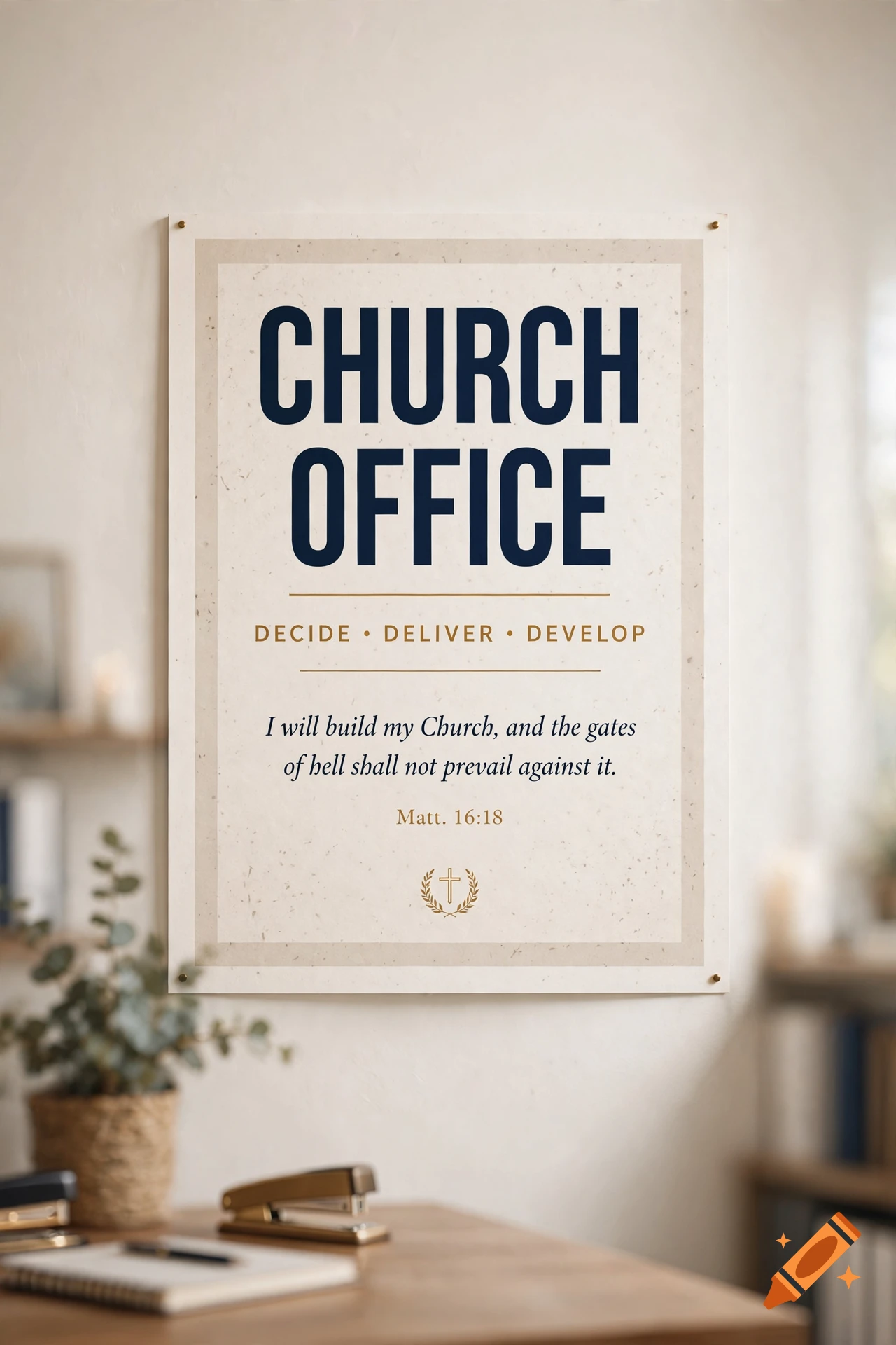 A poster on a white wall reading CHURCH OFFICE, DECIDE DELIVER DEVELOP, and Matt 16:18, with a small cross icon.