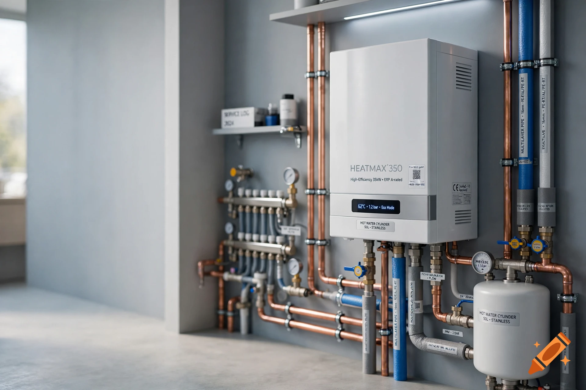 Photorealistic image of a modern wall-mounted gas boiler with copper pipes and valves in a utility room.