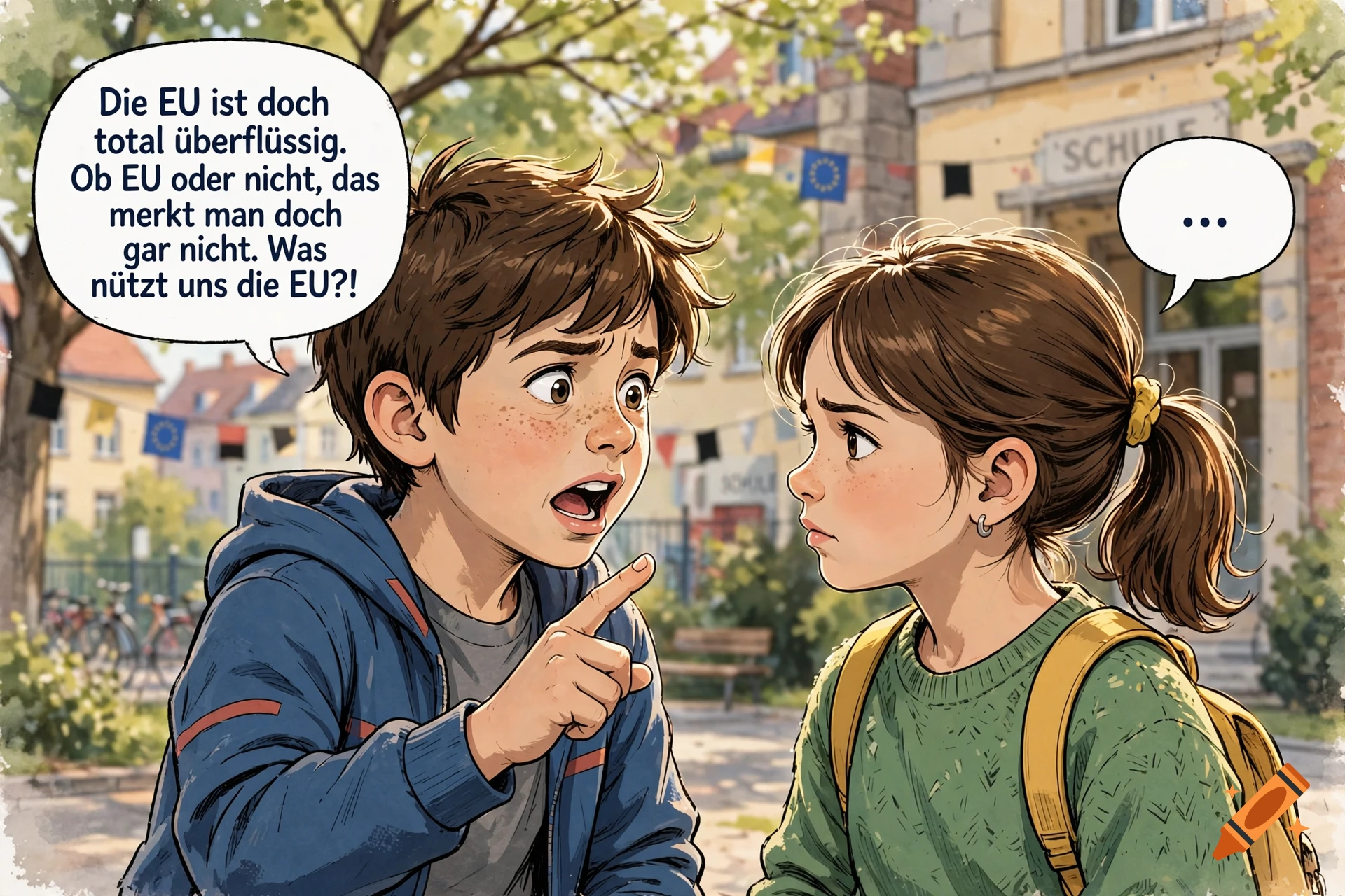 Comic illustration of a boy and a girl talking in a street, with speech bubbles in German.