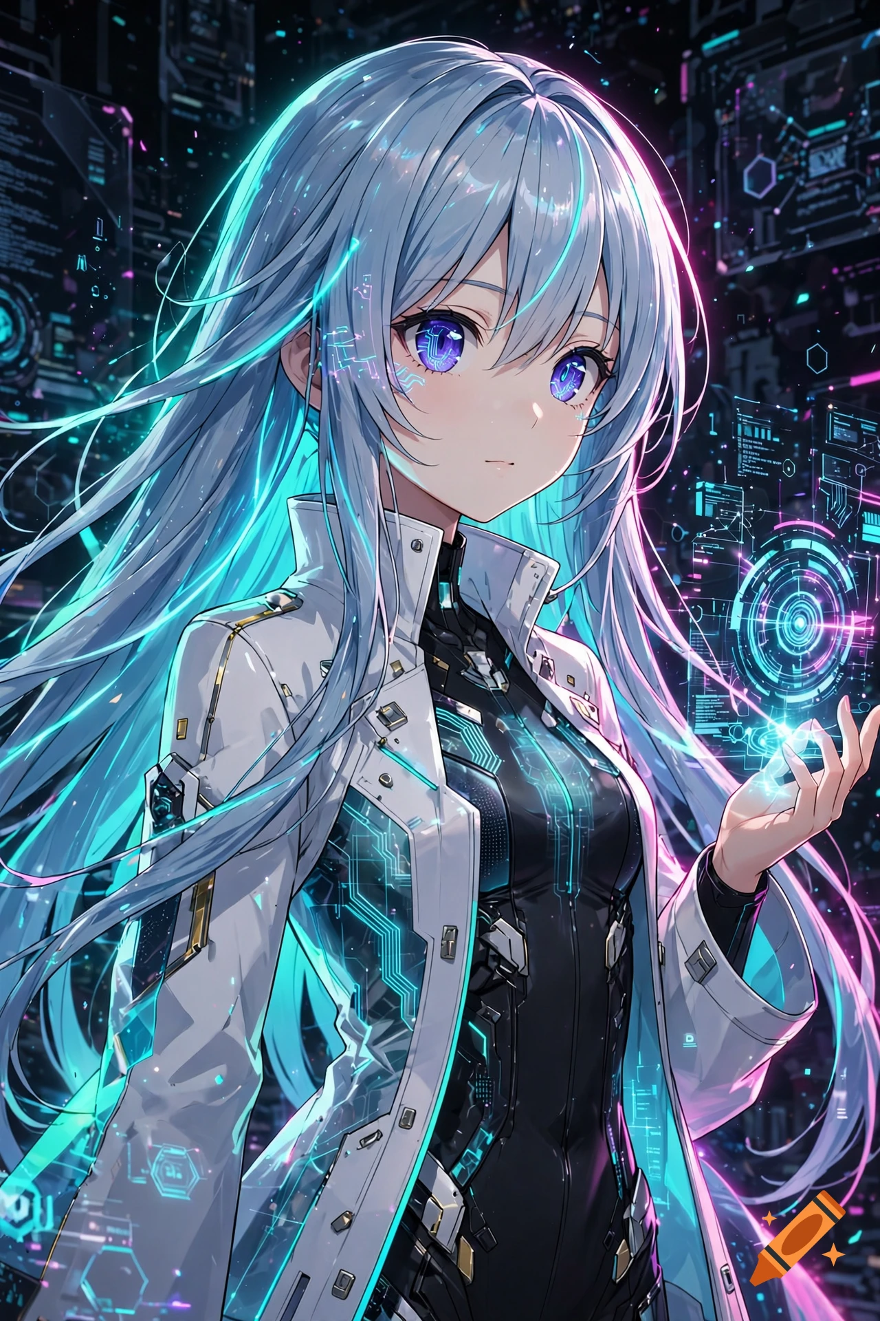 Anime-style digital illustration of a blue-haired cyborg girl with glowing purple eyes and futuristic interface elements.