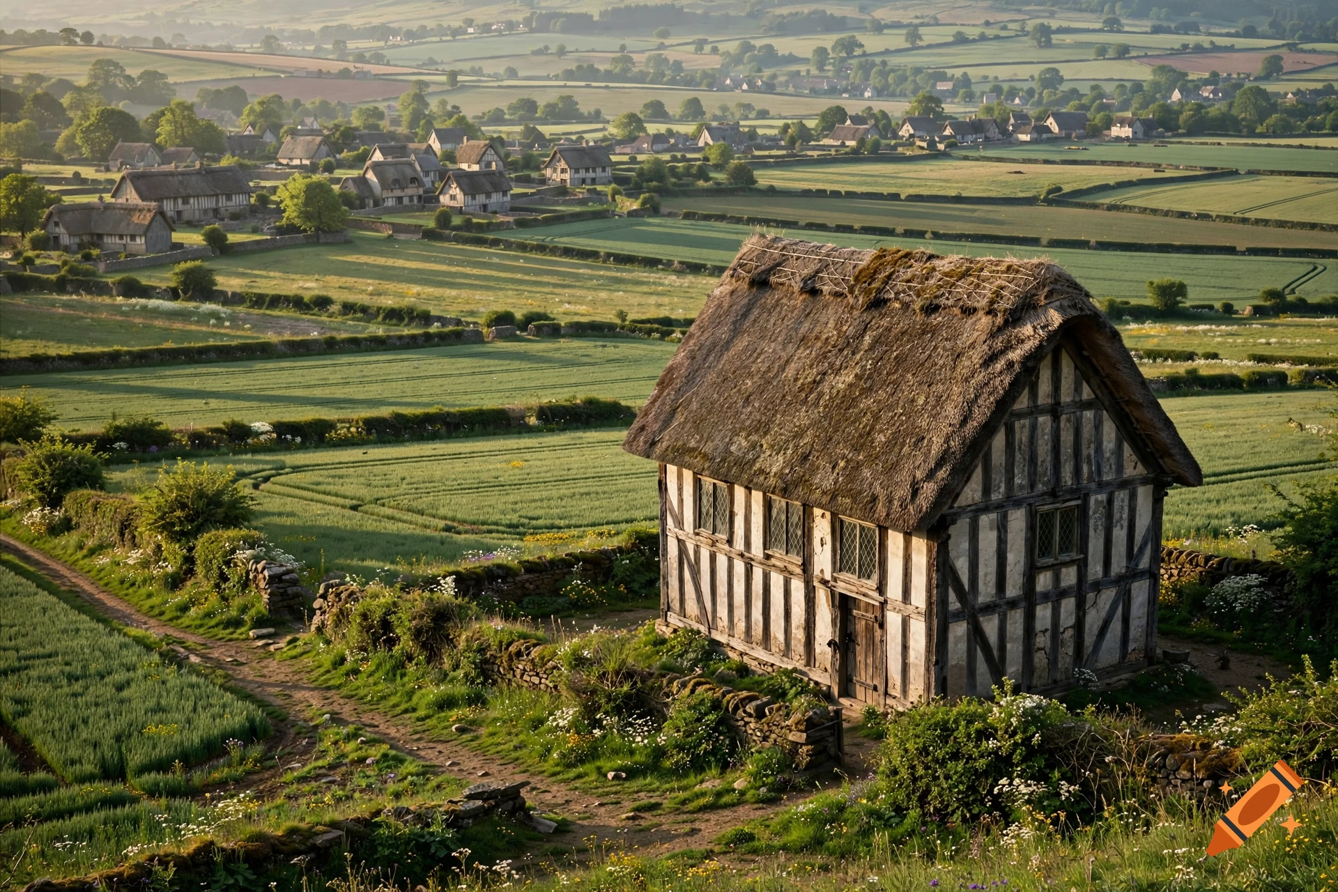 Photorealistic elevated view of a traditional 17th-century thatched-roof house in a green rural landscape with fields and a village in the background.