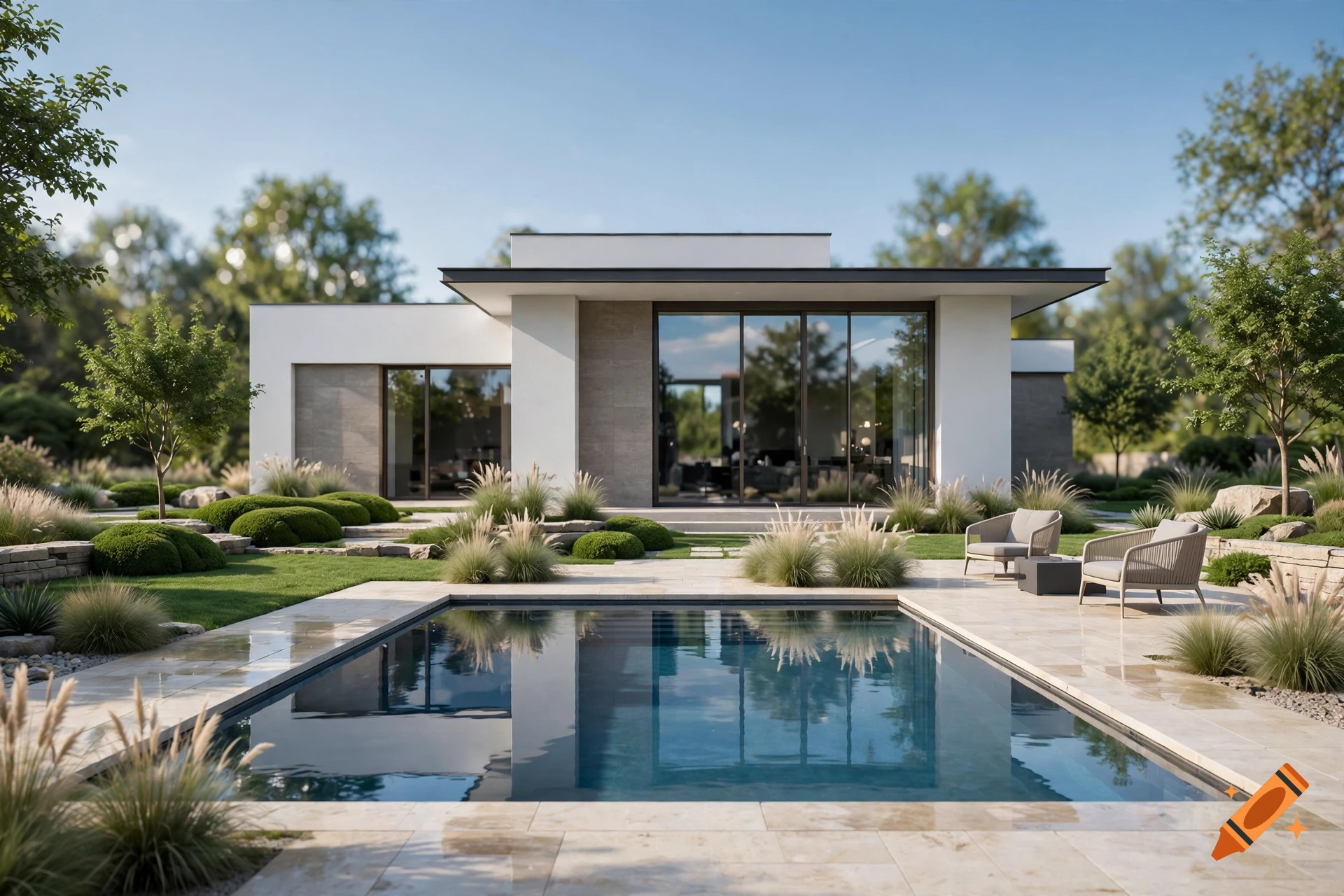 Photorealistic image of a modern single-story house with a garden, patio, and swimming pool under a clear blue sky.