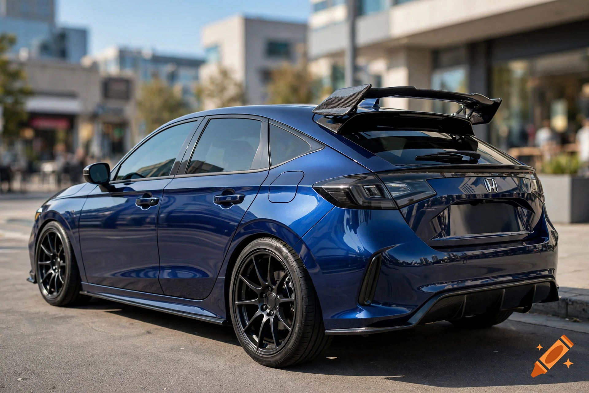 Photorealistic rear three-quarter view of a dark blue hatchback car with custom black wheels and a spoiler parked on a city street.