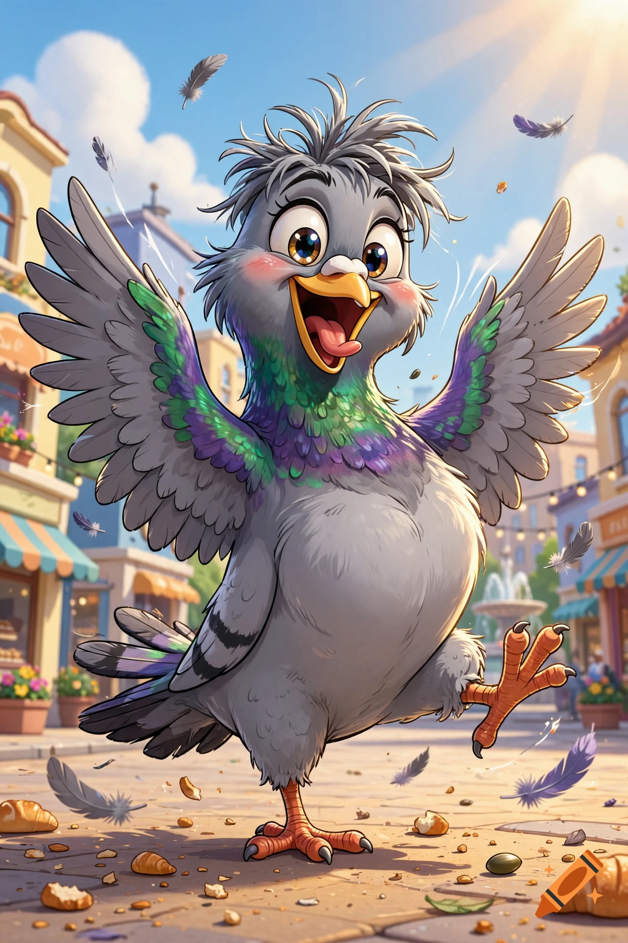 Animated style goofy pigeon with messy hair dancing cheerfully in a sunny street with pastries on the ground.